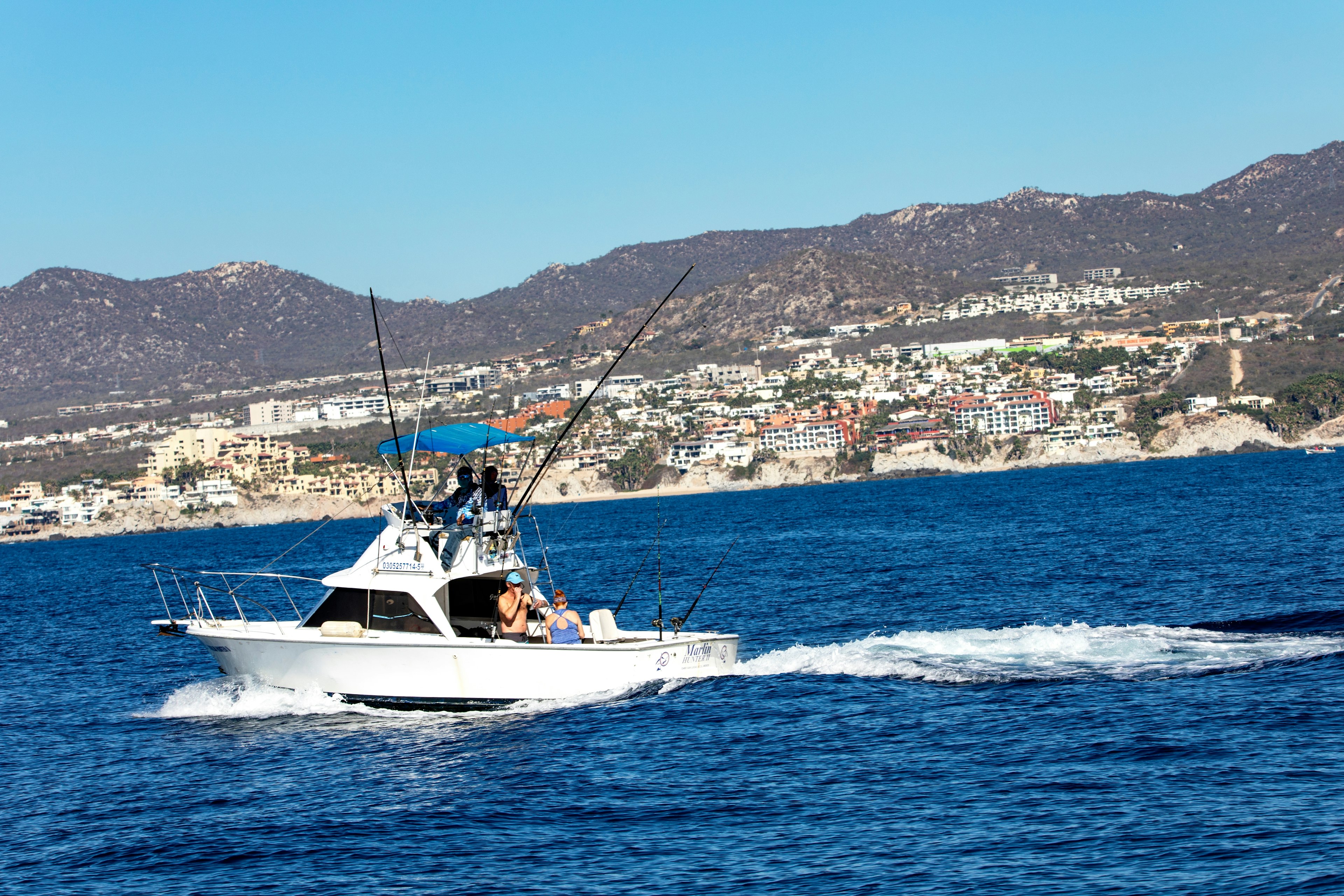 People on a boat enjoying blue marlin fishing in the Gulf of California in Mexico.