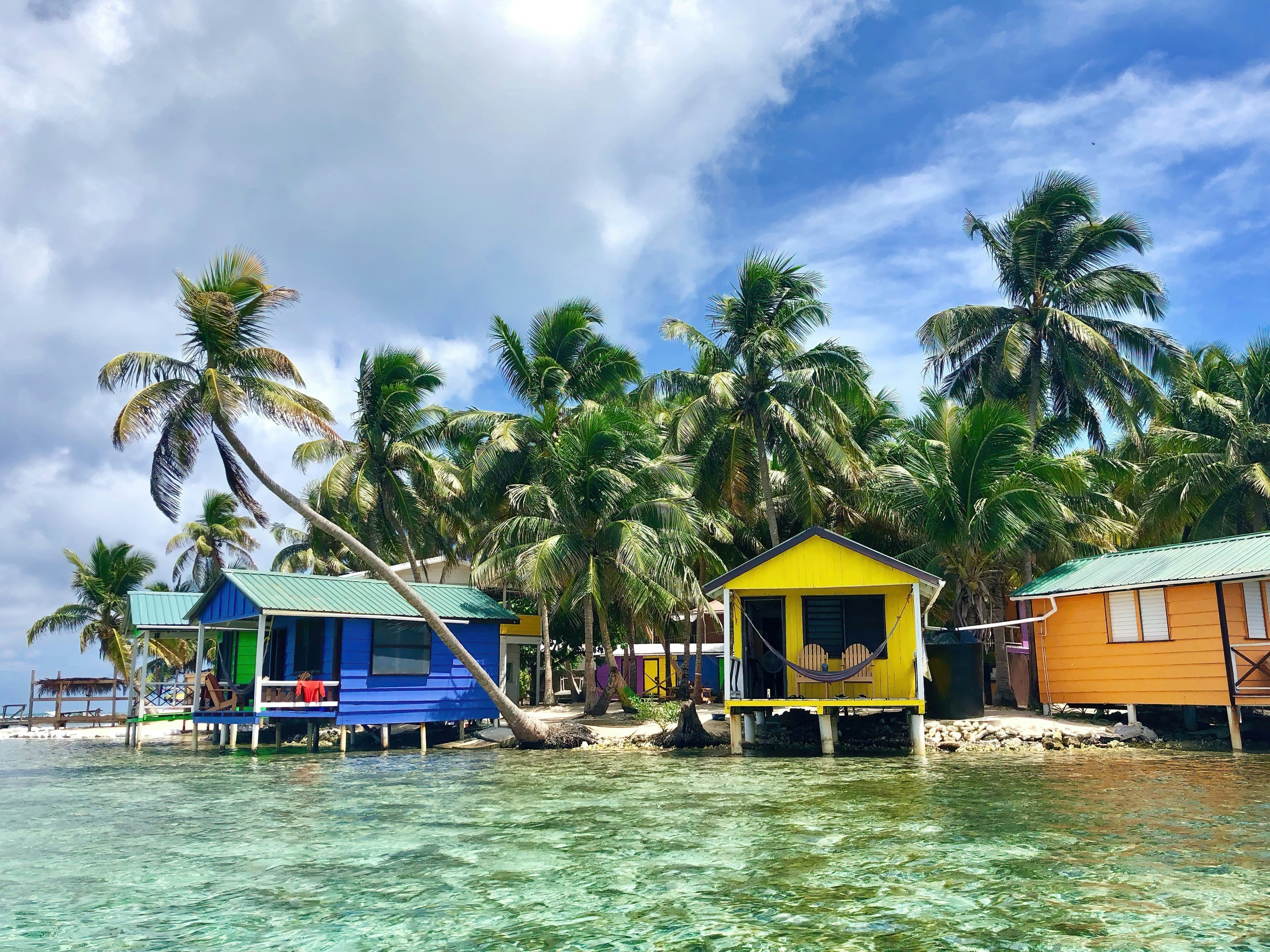 Colorful, small bungalows are built out over the clear water with palm trees behind them, Tobacco Caye, Belize