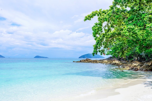Trees grow over a white-sand beach, with islands visible in the distance on the blue water