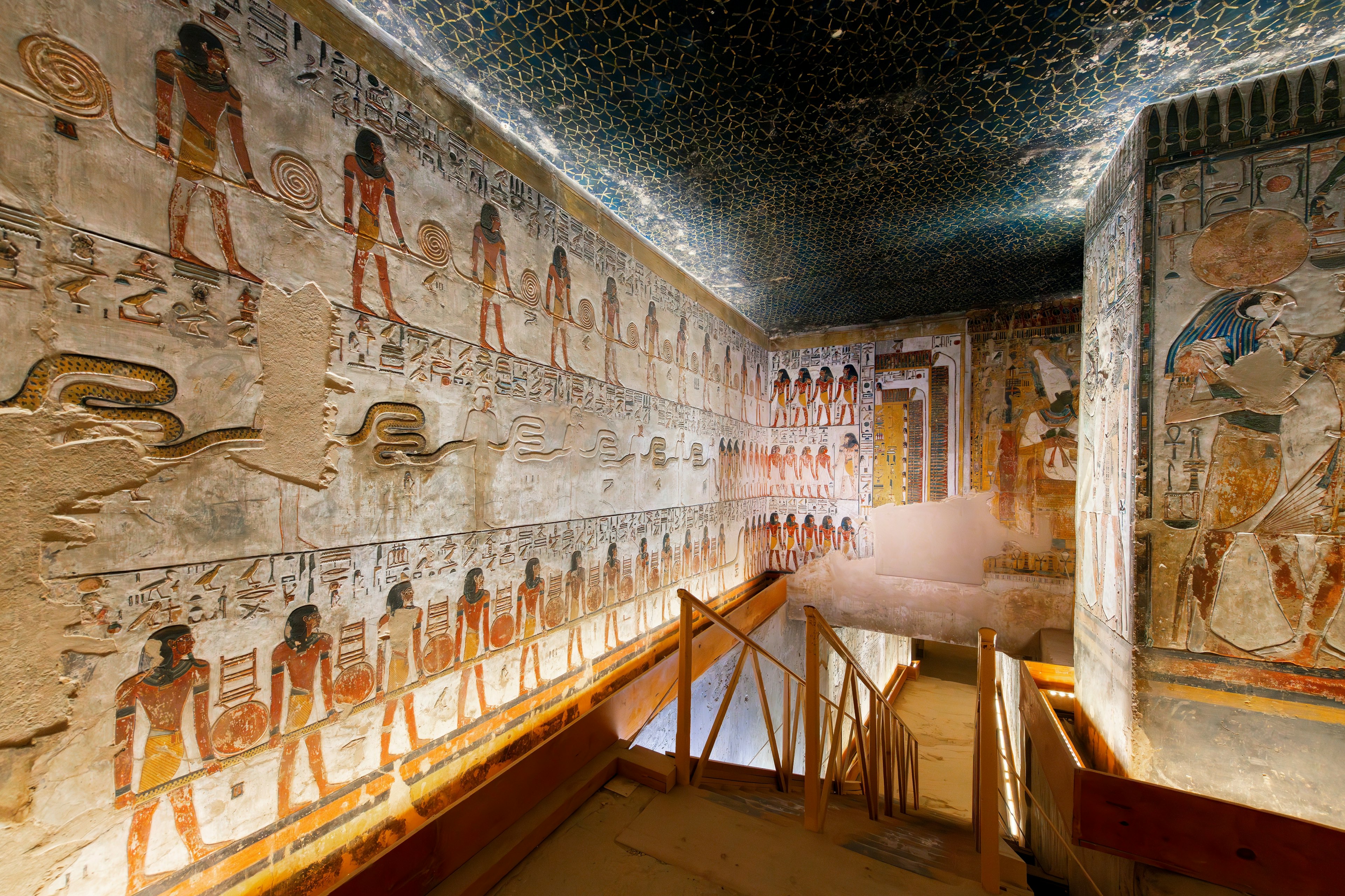 General view of the interior of the initial chamber and staircase inside Tomb KV17, the Tomb of Seti l, in the Valley of the Kings, Luxor, Egypt.