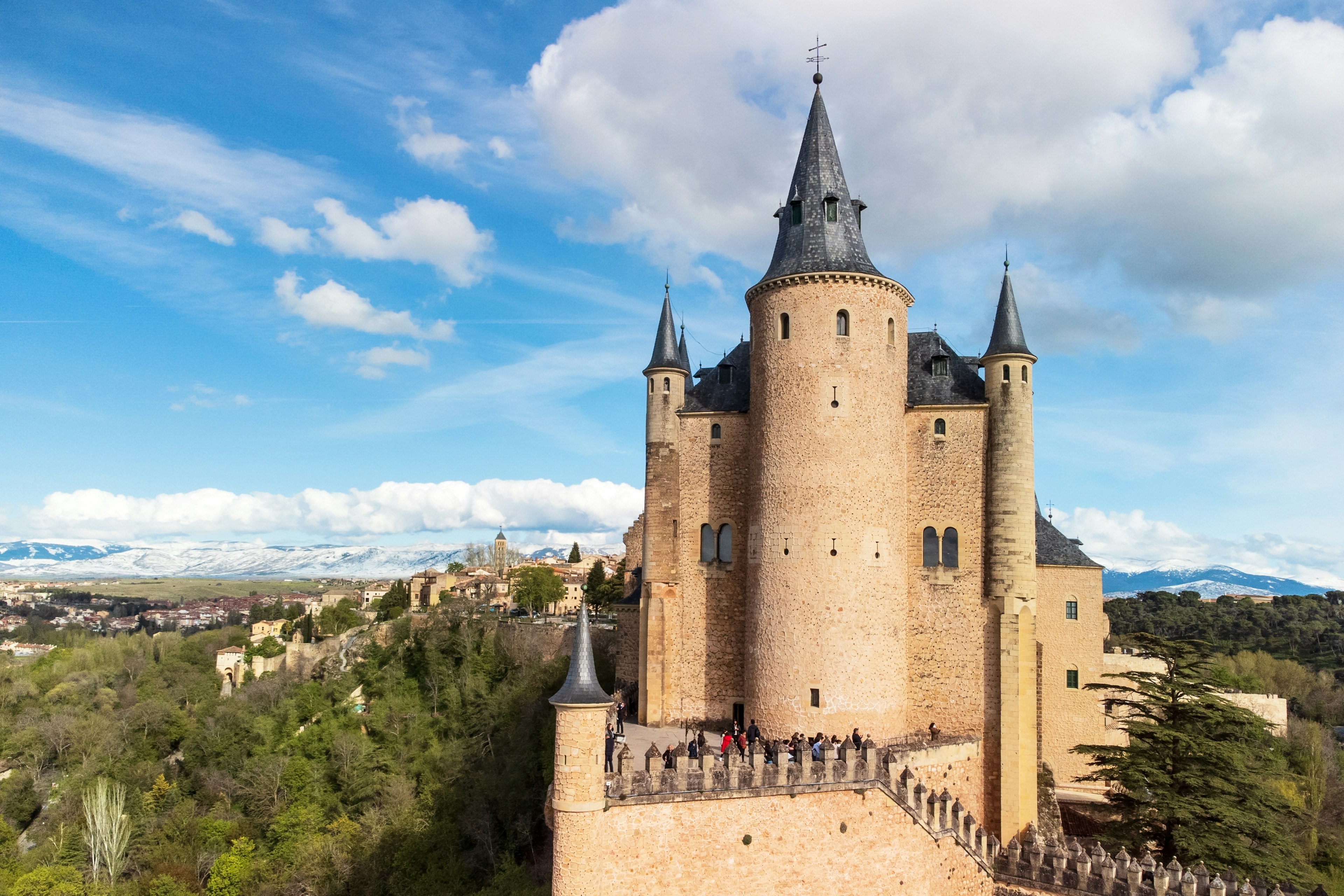 Aerial view of Segovia Alcazar, famous landmark in Segovia, Spain.