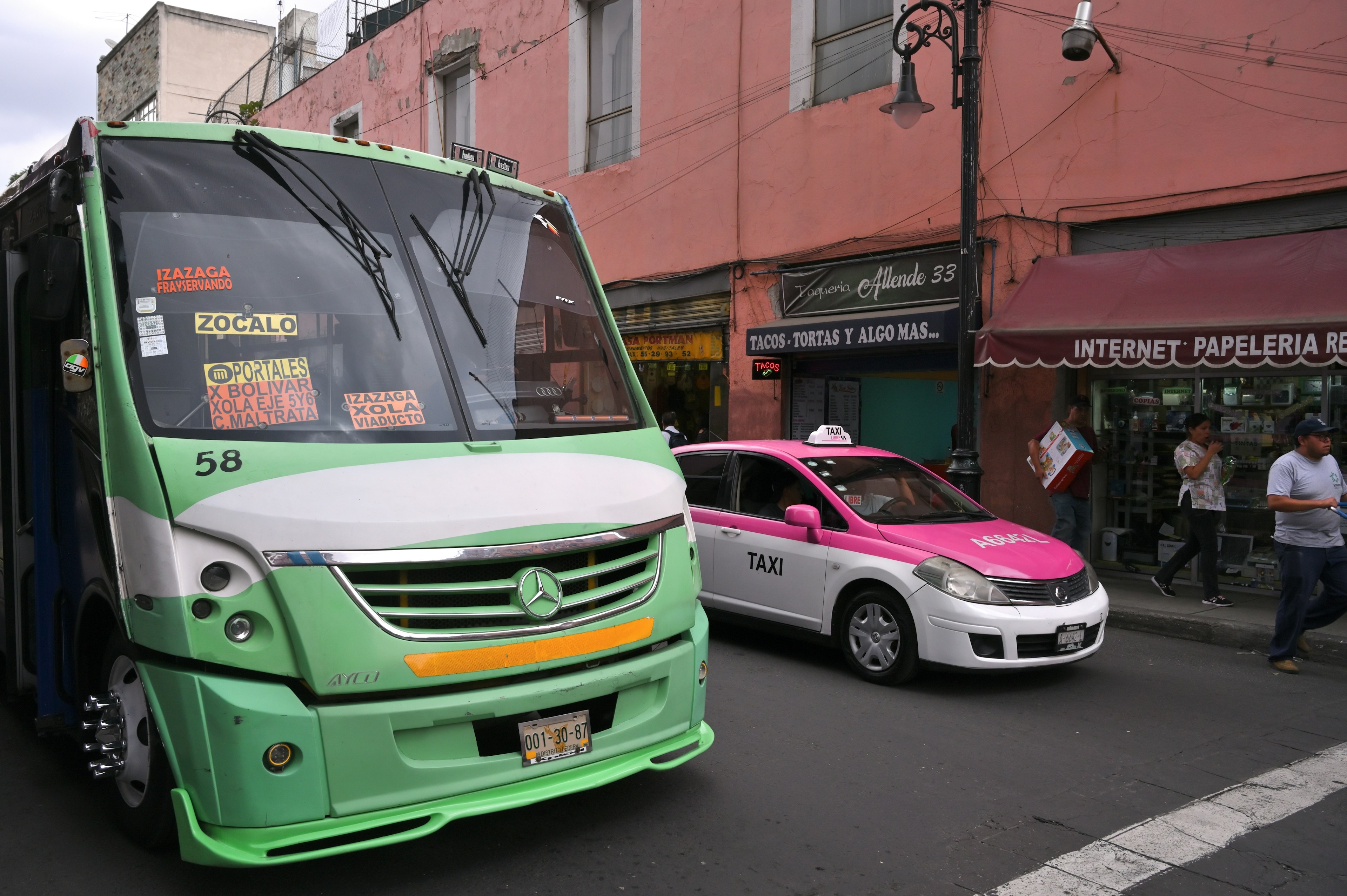 Public bus in old town of Mexico City, Mexico