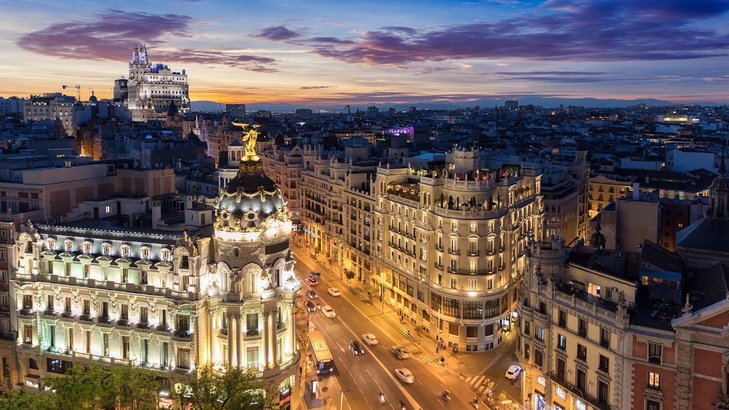 The Skyline of Madrid, Spain, by night: where Gran Via and Alcala Street meet, License Type: media, Download Time: 2024-10-07T04:09:39.000Z, User: meg3348277, Editorial: false, purchase_order: 56530, job: Global Publishing-WIP, client: Madrid 11, other: Megan Cassidy