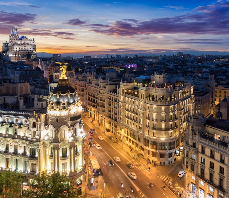 The Skyline of Madrid, Spain, by night: where Gran Via and Alcala Street meet, License Type: media, Download Time: 2024-10-07T04:09:39.000Z, User: meg3348277, Editorial: false, purchase_order: 56530, job: Global Publishing-WIP, client: Madrid 11, other: Megan Cassidy