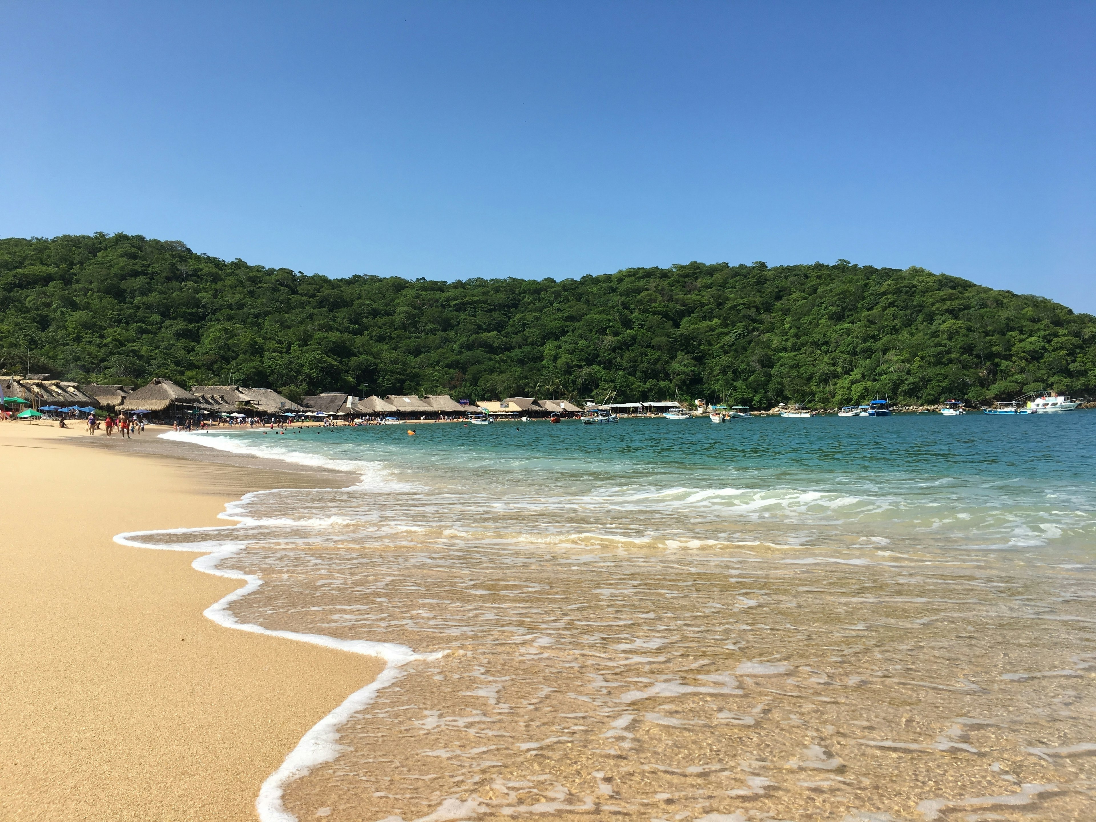 Waves lap a beach with huts in the distance at Playa Maguey, Oaxaca, Mexico