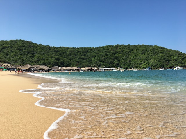 Waves lap a beach with huts in the distance at Playa Maguey, Oaxaca, Mexico