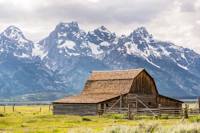 Exterior of the historic John Moulton Barn along Mormon Row in Grand Teton National Park.
