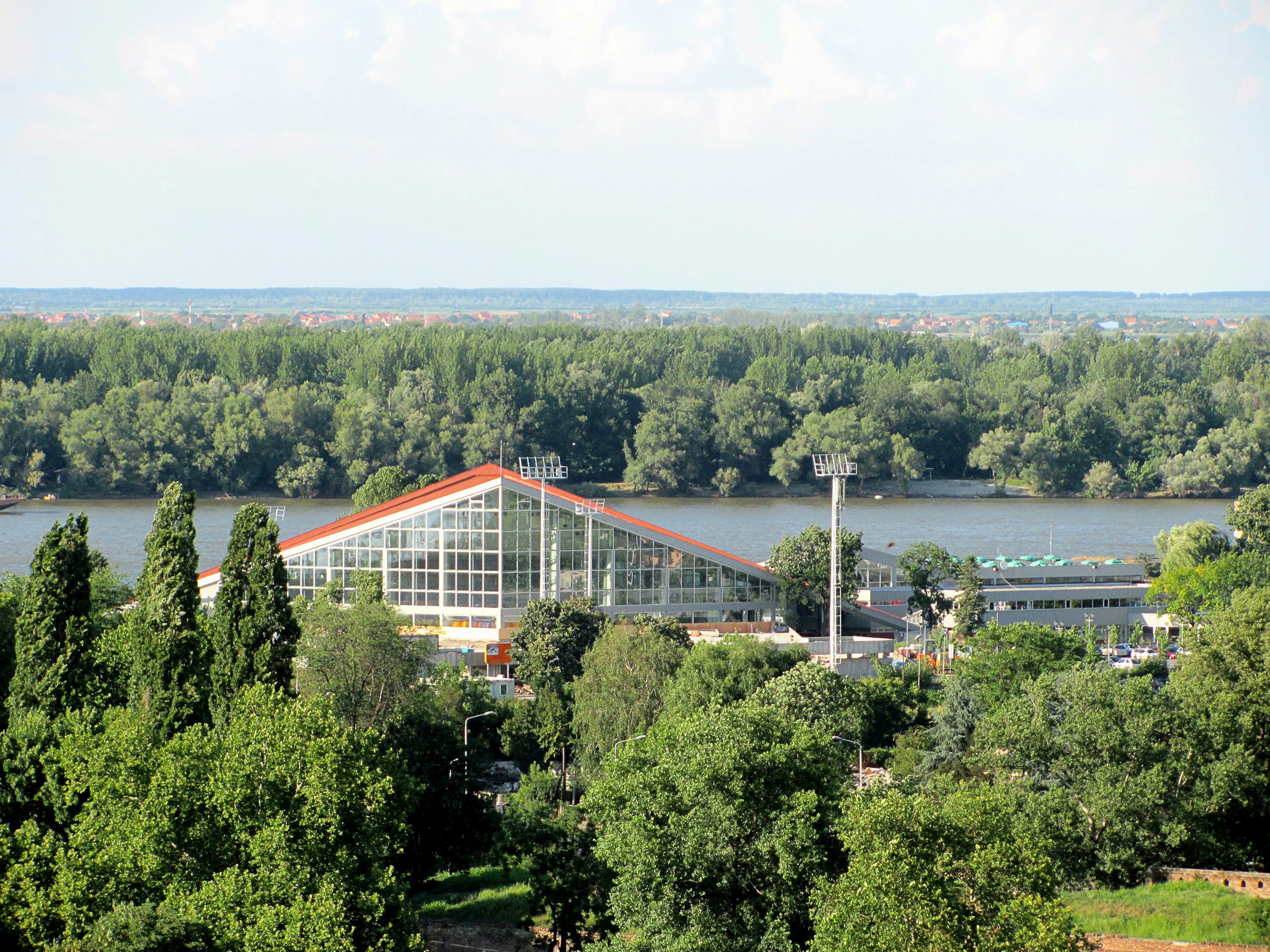 High-angle view of Kalemegdan park and Indoor swimming pool Milan Gale Muskatirovic in Belgrade.