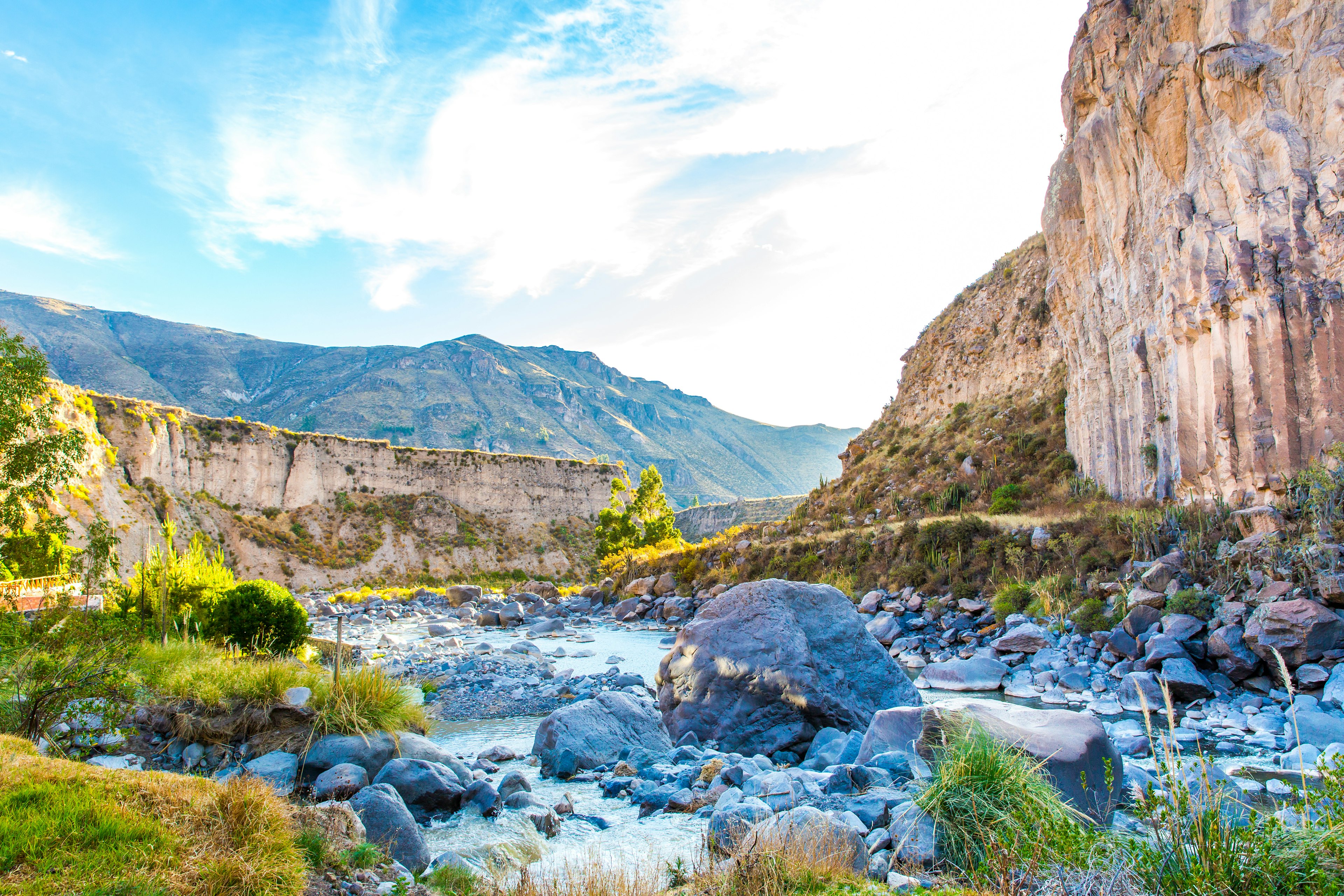 A mountain view from the bottom of the Colca Canyon