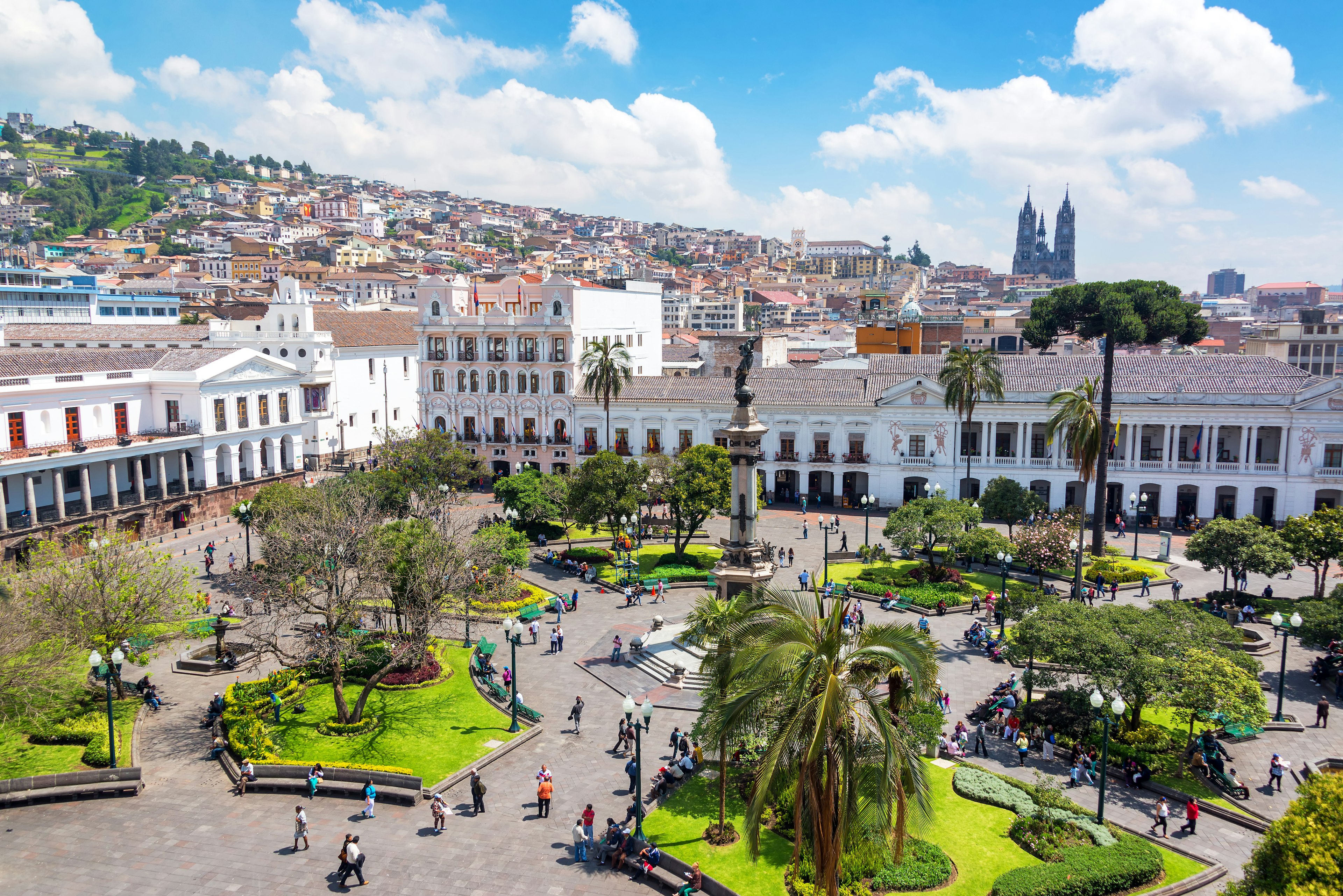 Activity in the Plaza Grande in the colonial center of Quito, Ecuador.