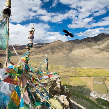 A view from above the monastery. Tibetan prayer flags adorn the top while a bird flies next to them. Mountains are in the background.