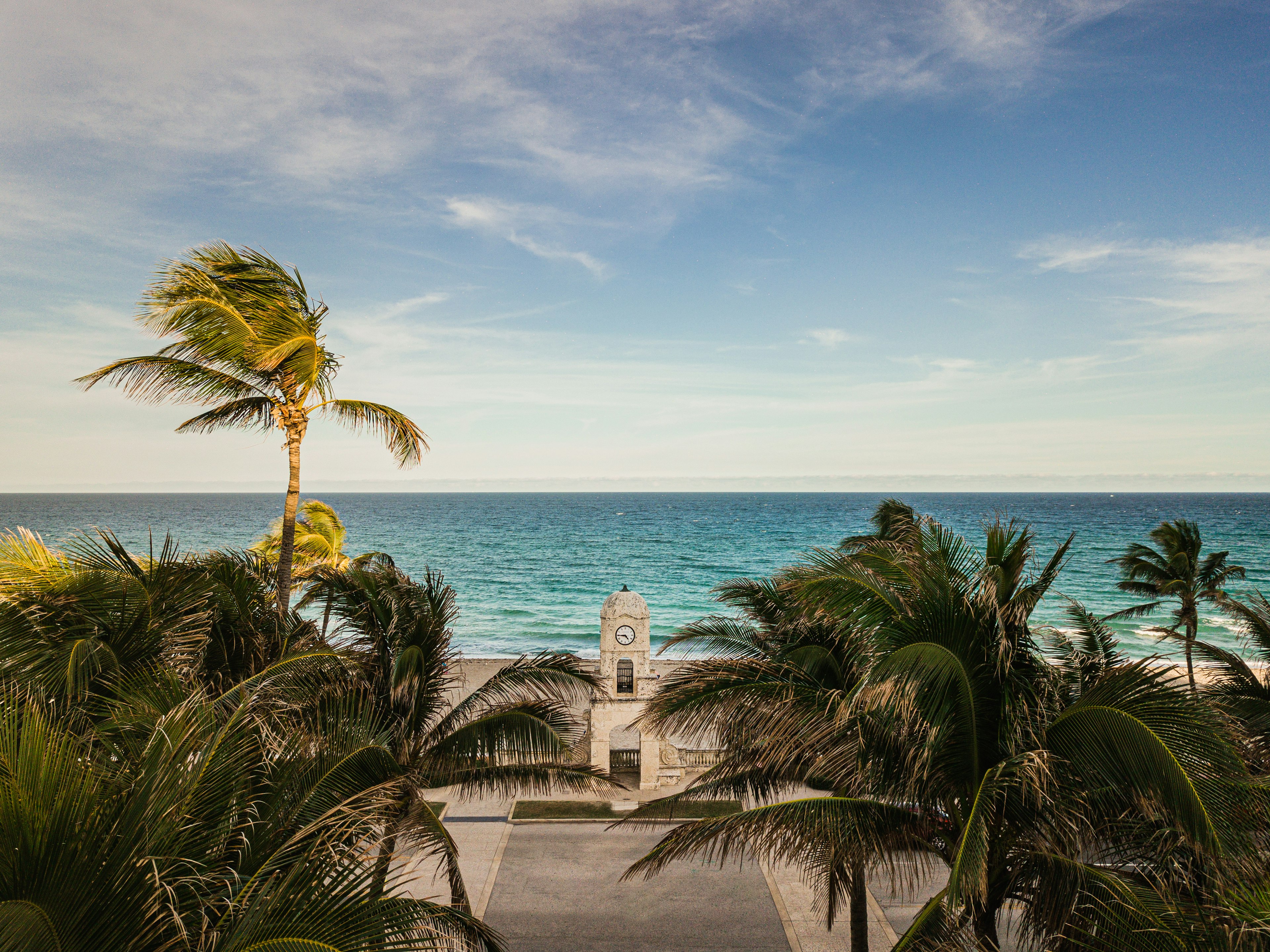 Aerial view of the Worth Avenue Clock Tower in Palm Beach, Florida.