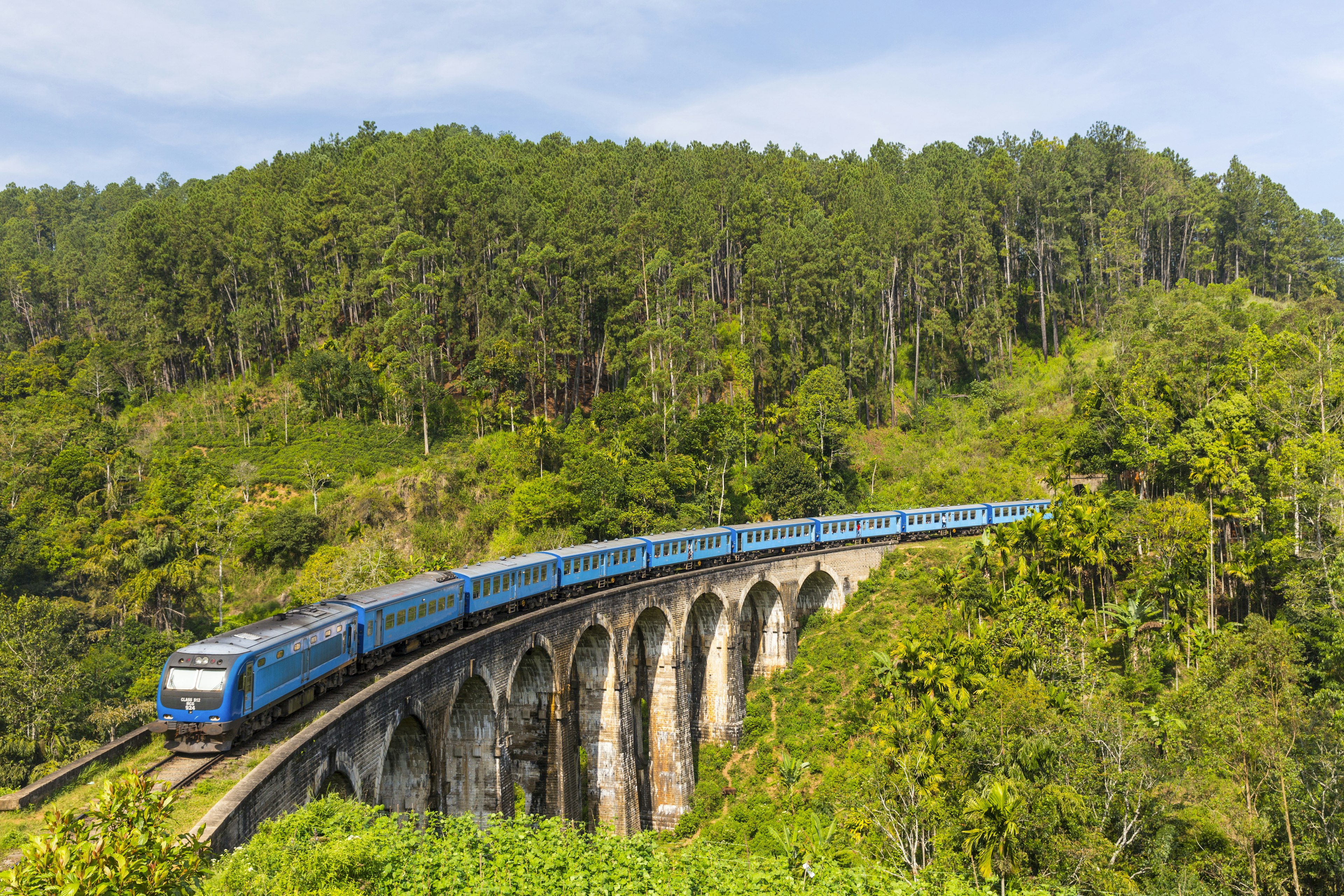 A train crossing a bridge with nine arches in a clearing of dense jungle on a sunny day