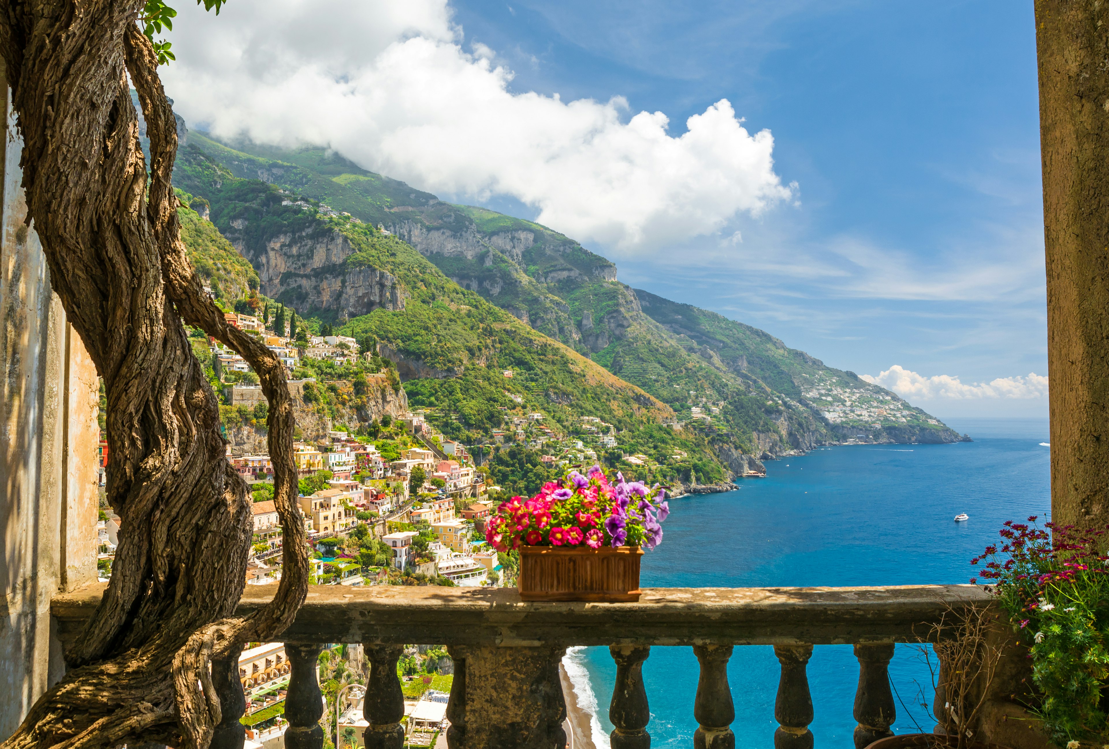 A hillside coastal town viewed from an antique terrace with pink and purple flowers