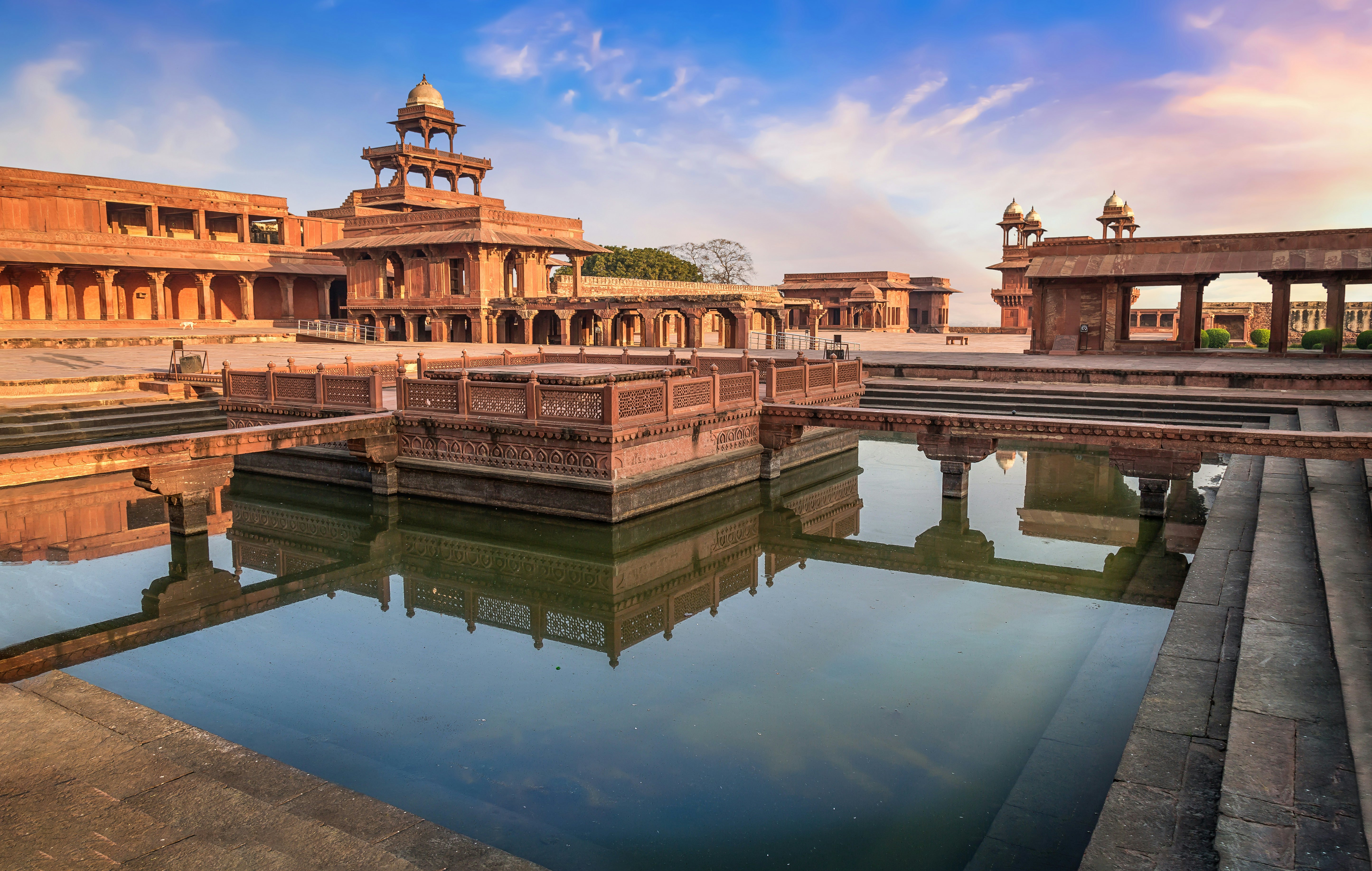 Red sandstone palaces inside the fortified city of Fatehpur Sikri, constructed by the Emperor Akbar.