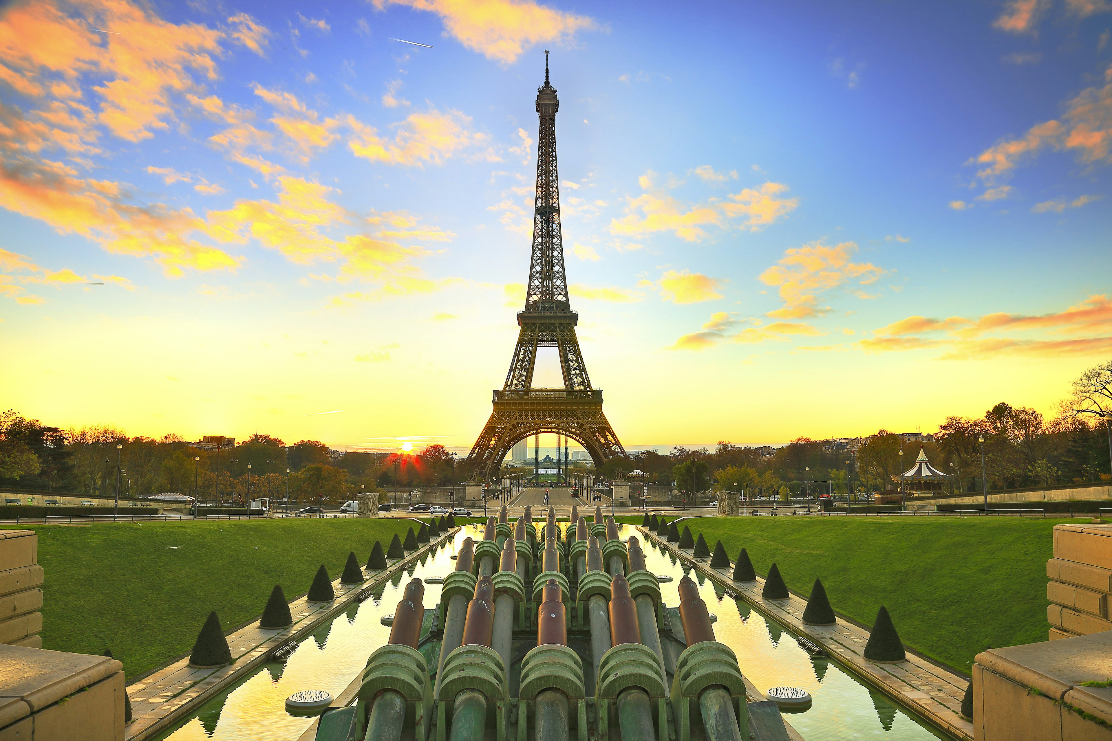 Paris Eiffel Tower landscape with beautiful morning scenery.