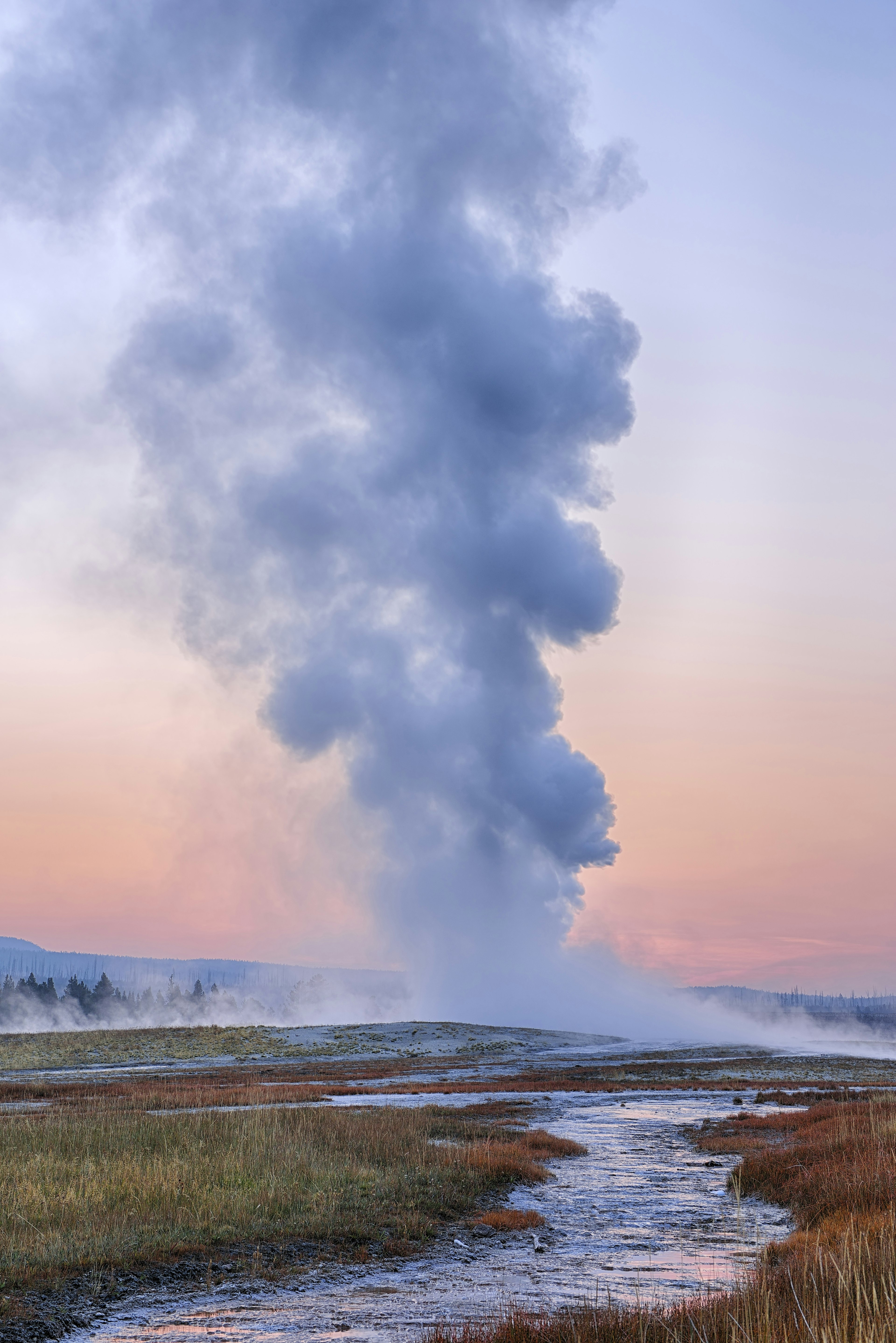 Old Faithful Geyser Steaming at Dawn, Upper Geyser Basin, Yellowstone National Park