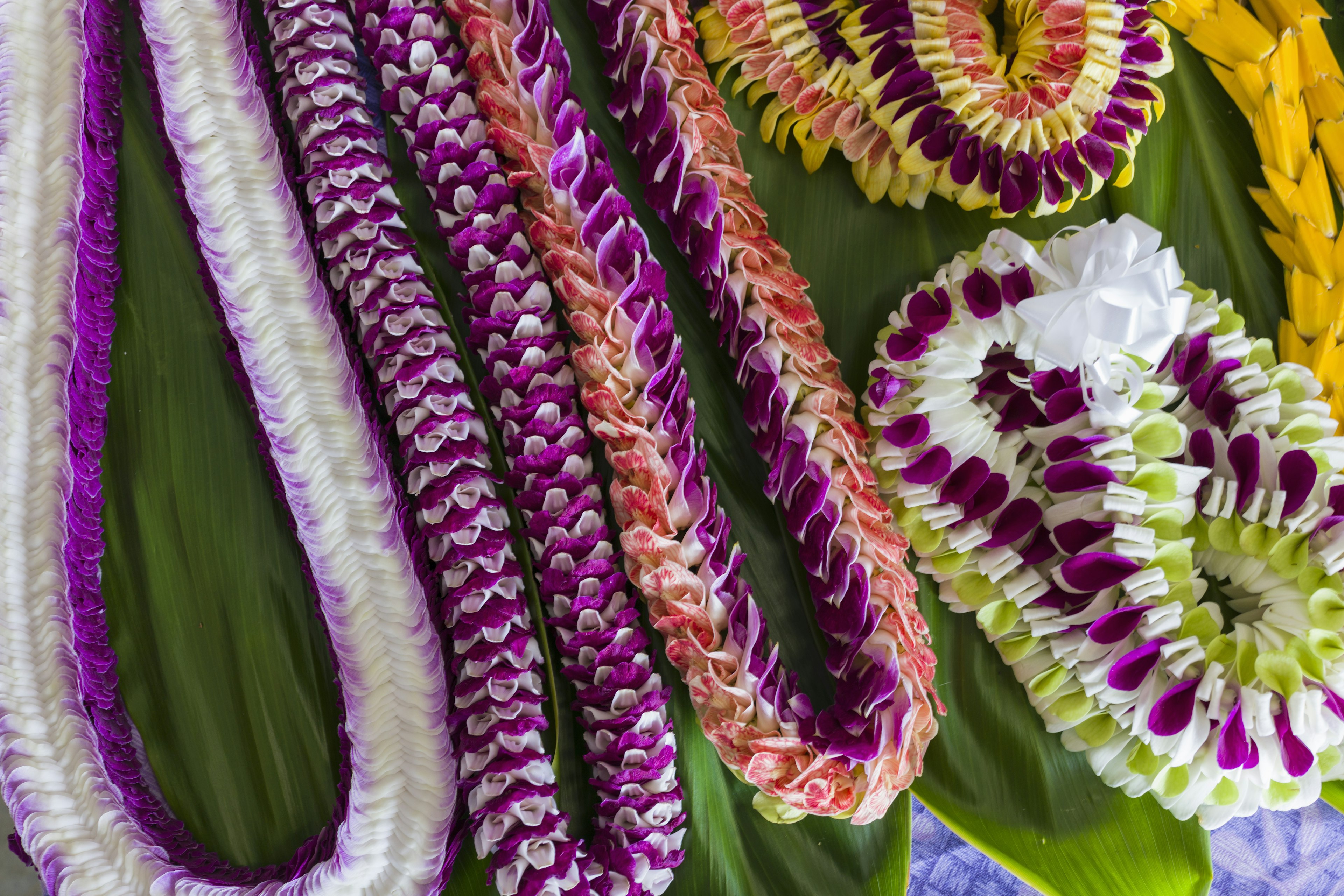 Intricate lei's of orchids and other exotic flora at Merrie Monarch Festival in Hilo.