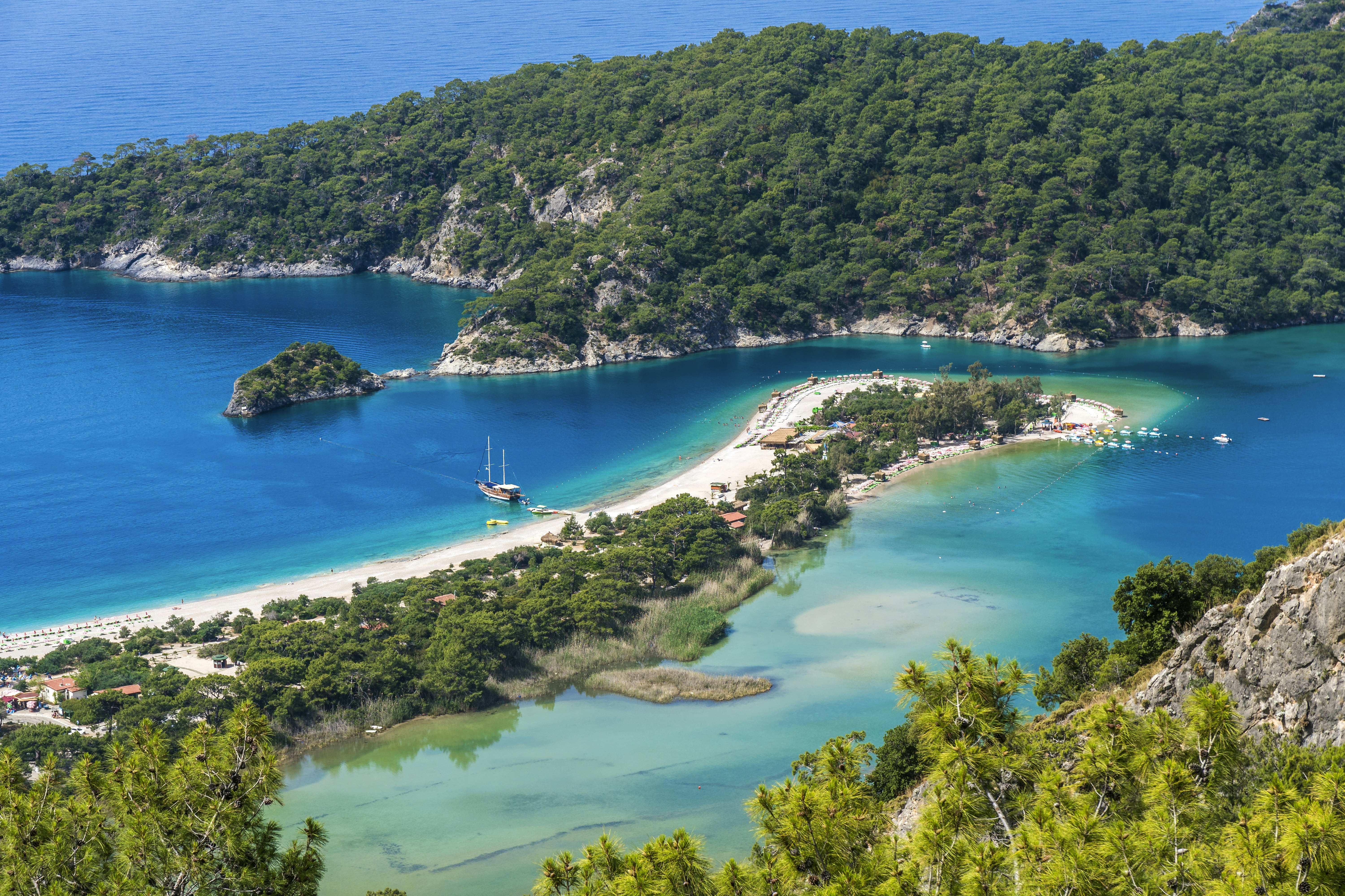 Beaches at Oludeniz viewed from Fethiye on Turkey's Turquoise Coast.