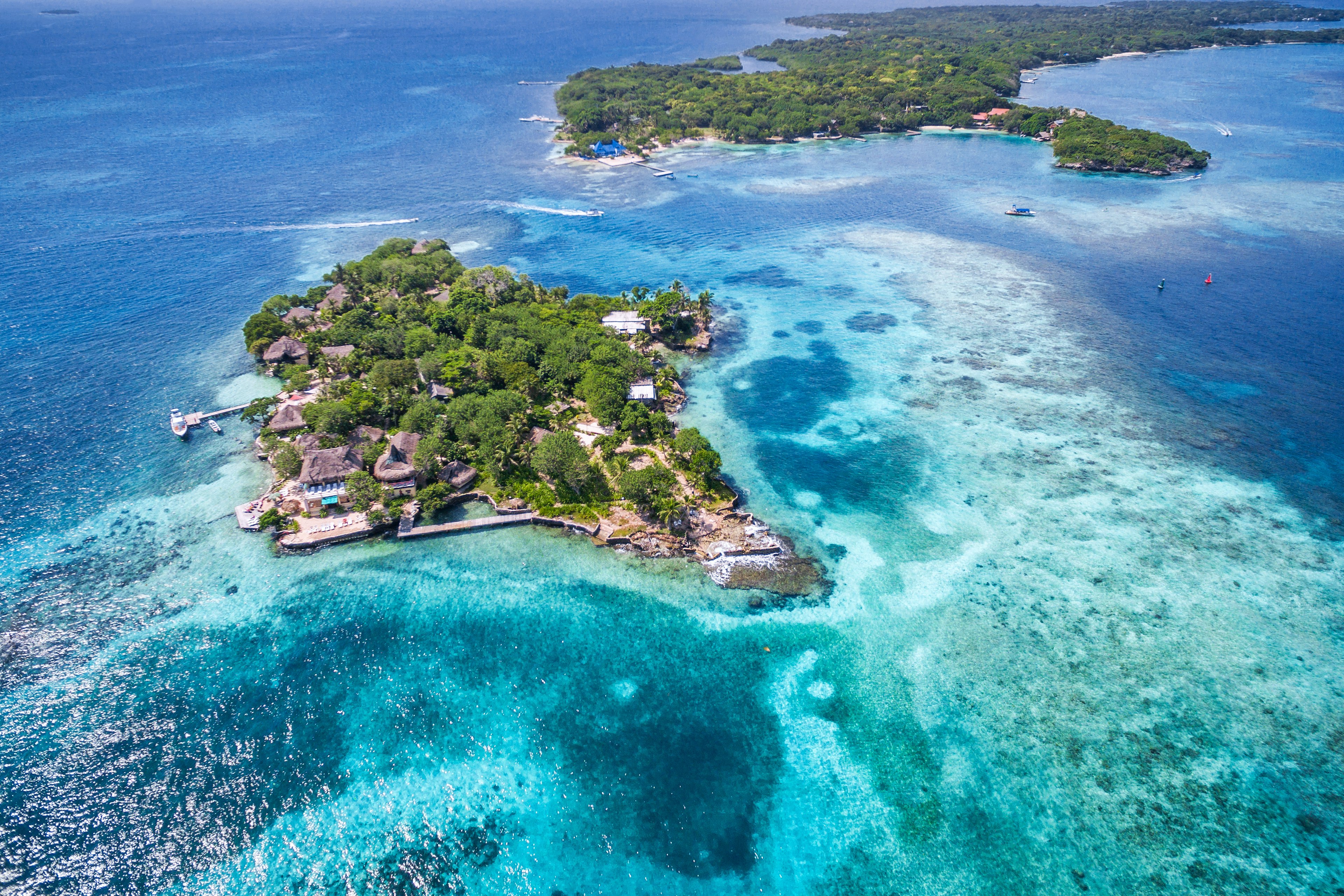 Aerial of a small island that forms part of the Rosario Islands (Islas del Rosario).