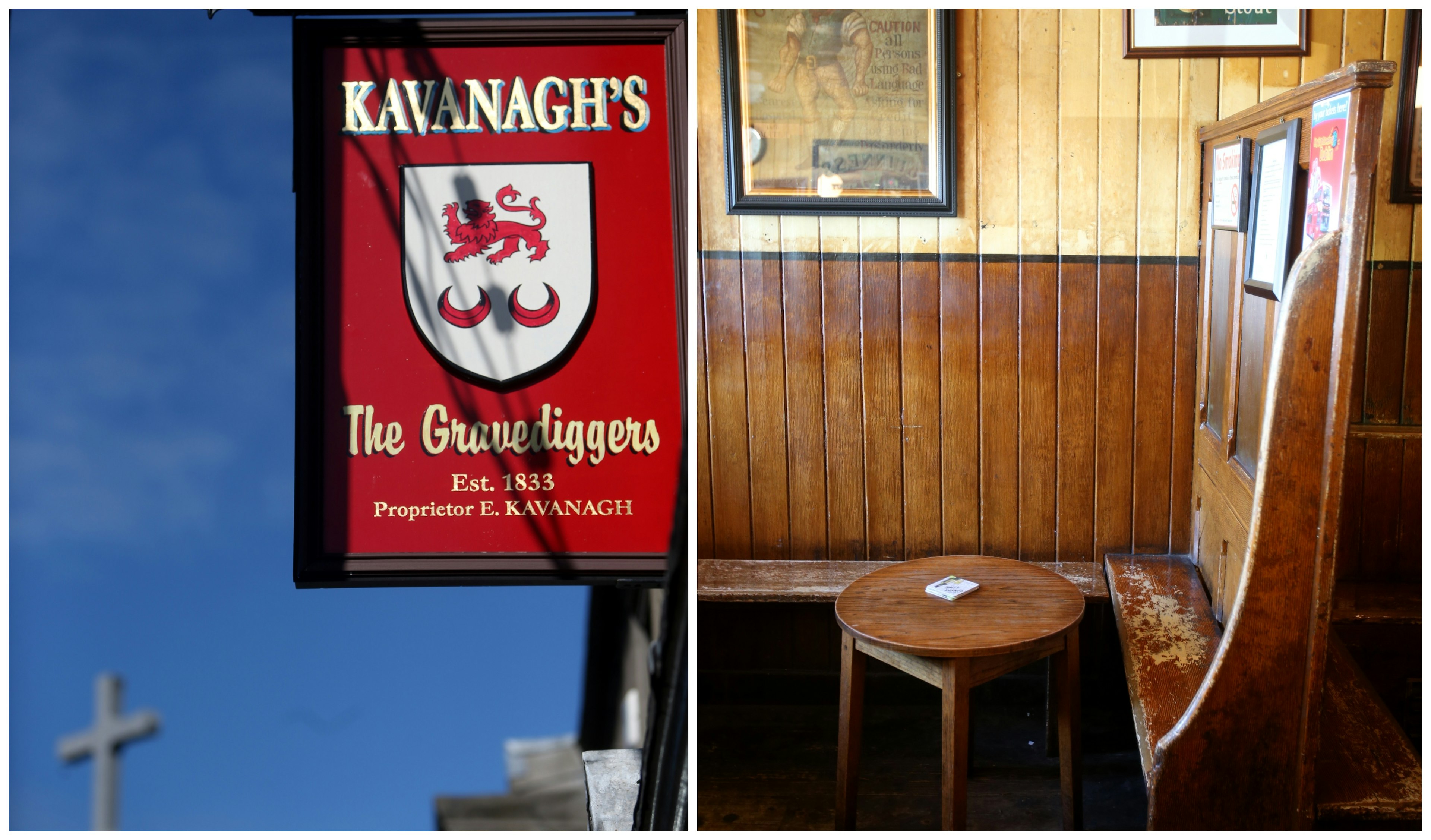 A collage showing the exterior and traditional wooden interior of The Gravediggers pub.