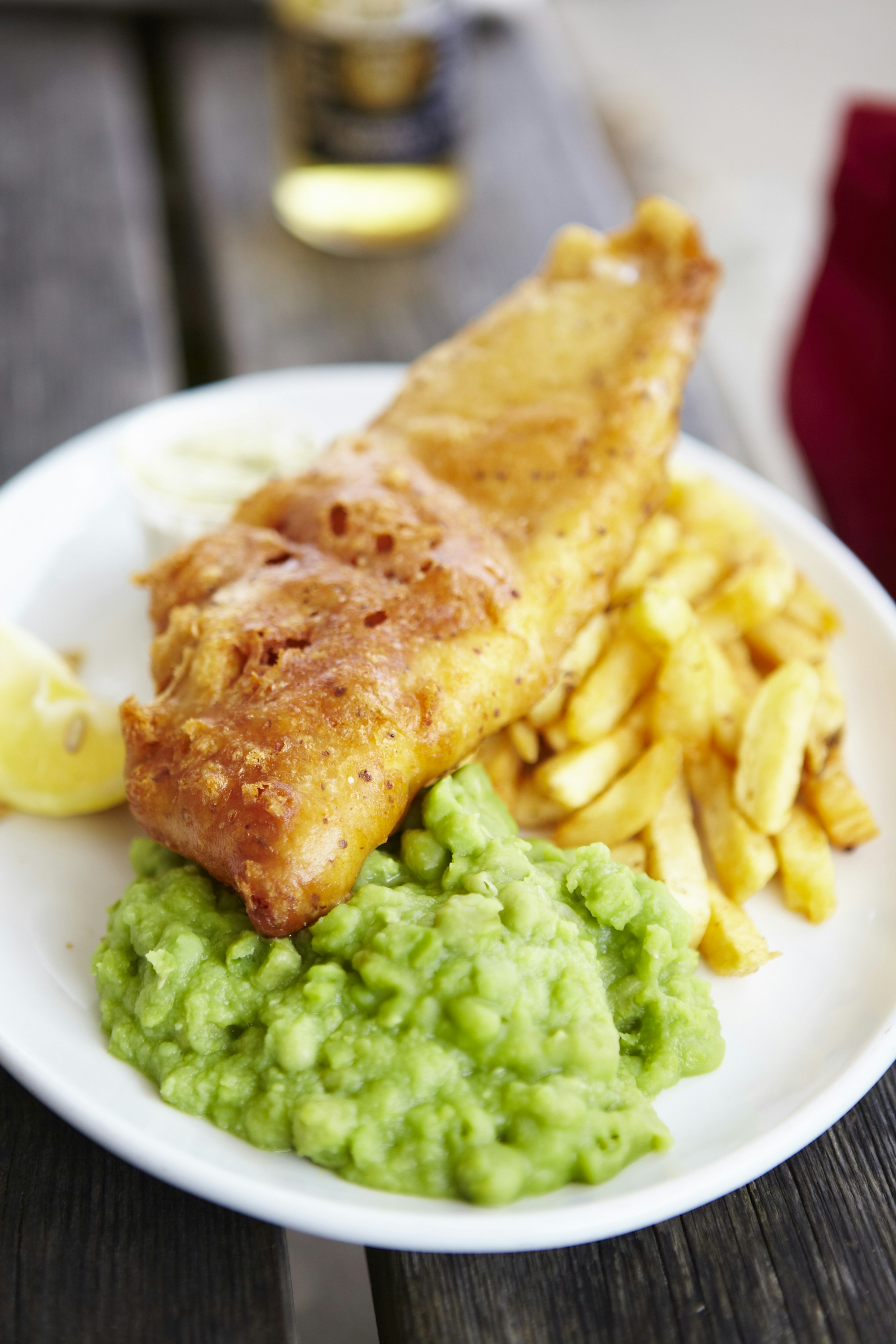 Fish 'n' chips at Plume of Feathers pub, Portscatho.