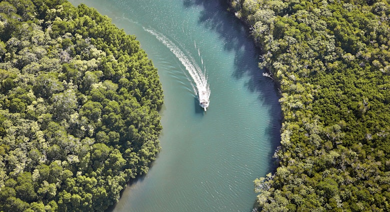 Aerial of boat travelling on the Daintree River near Cape Tribulation.
Lonely Planet Traveller Magazine, Queensland, Coast, November 2017, Issue 107