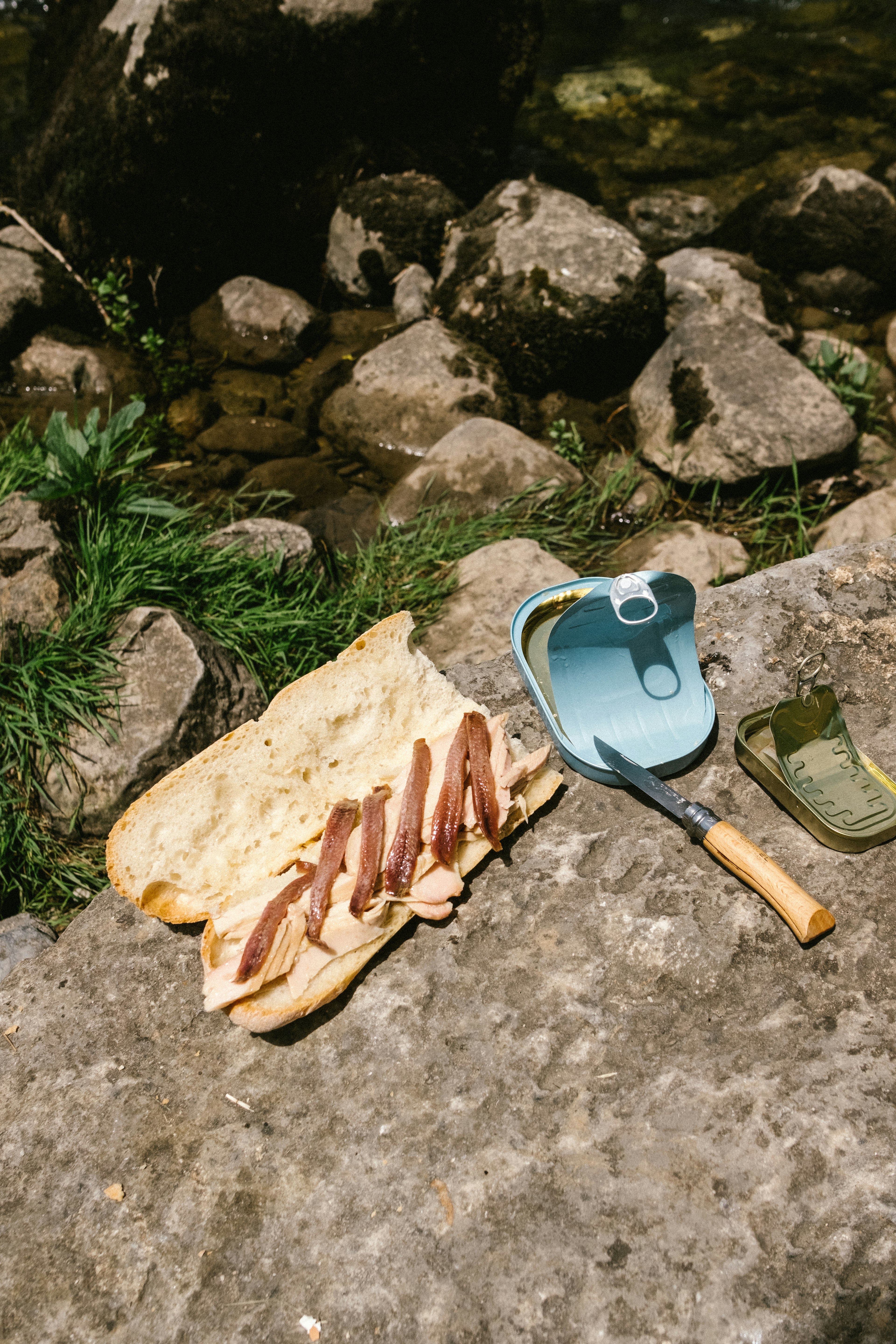 Two open tins of sardines and a knife lie next to an open-face sandwich on a rock