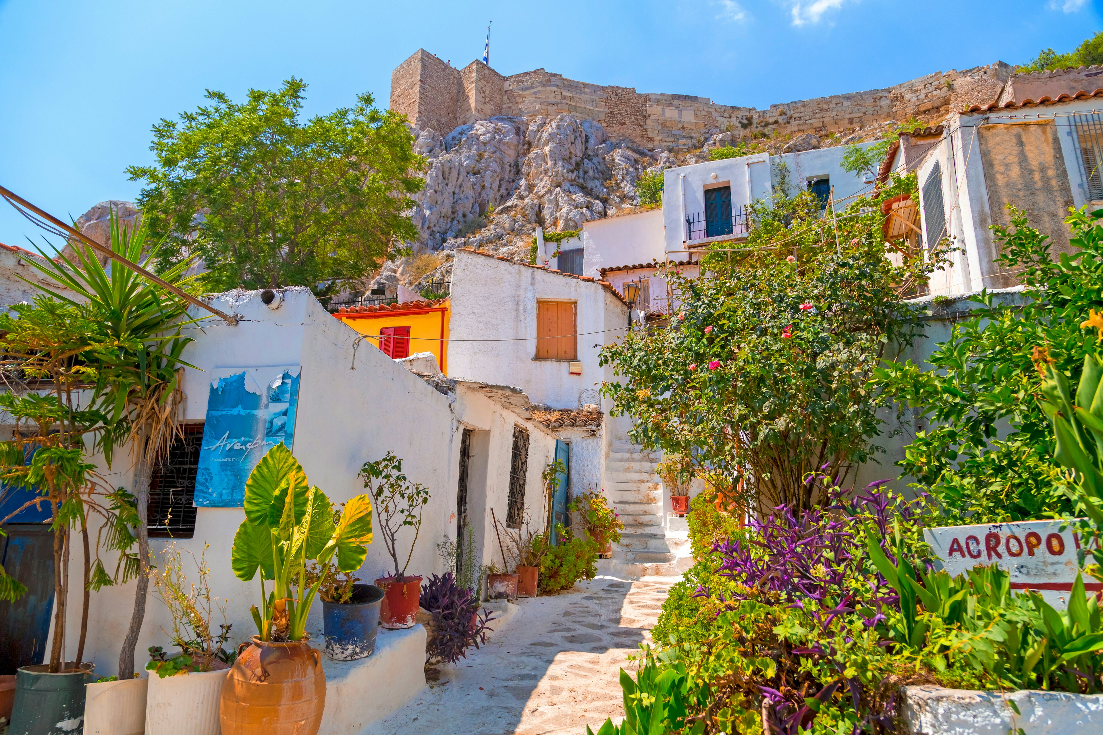 A stone path leads uphill to steps between houses painted in pastel colors and surrounded by plants and flowers