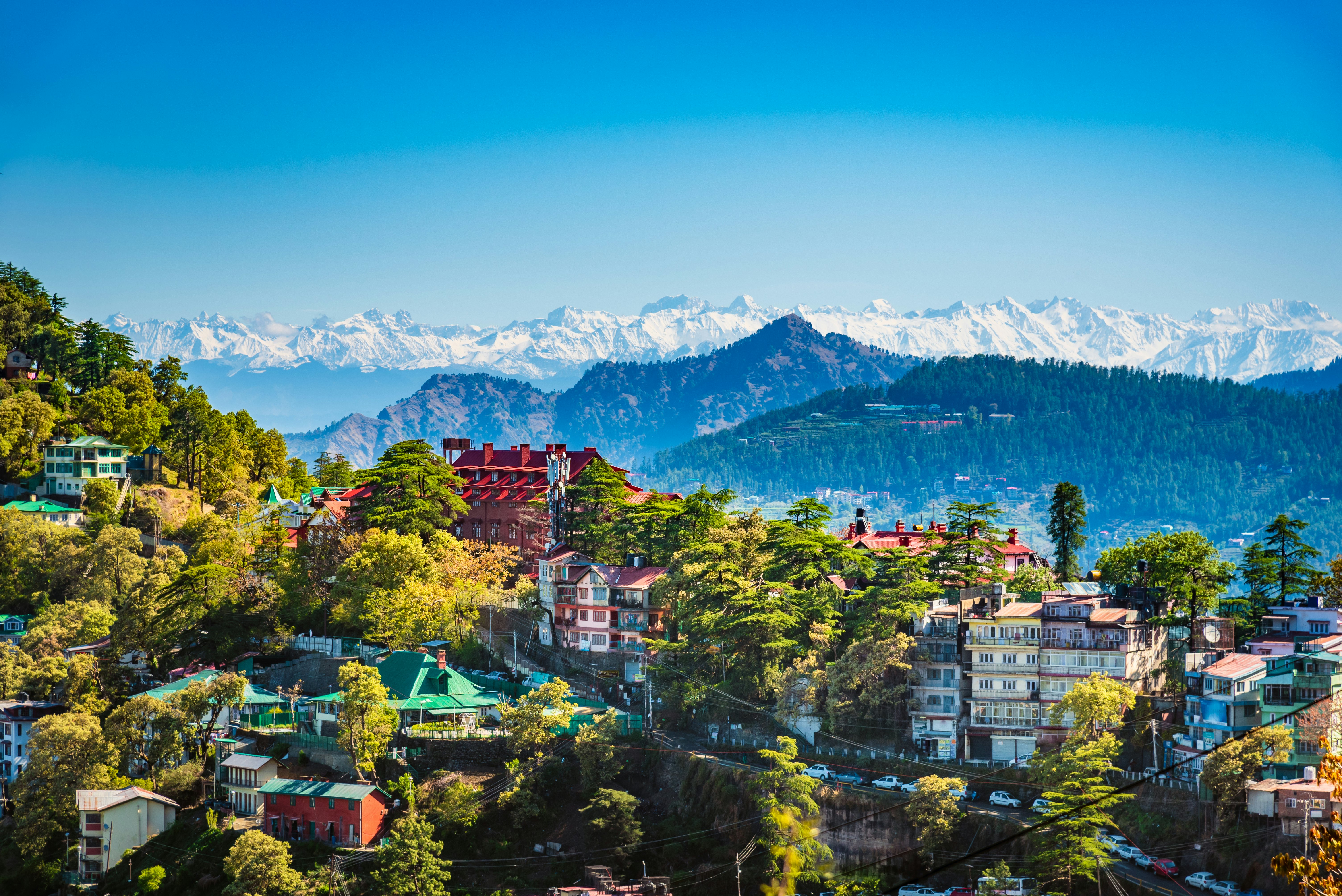 Panoramic view of Shimla, the state capital of Himachal Pradesh in the Indian Himalayas.