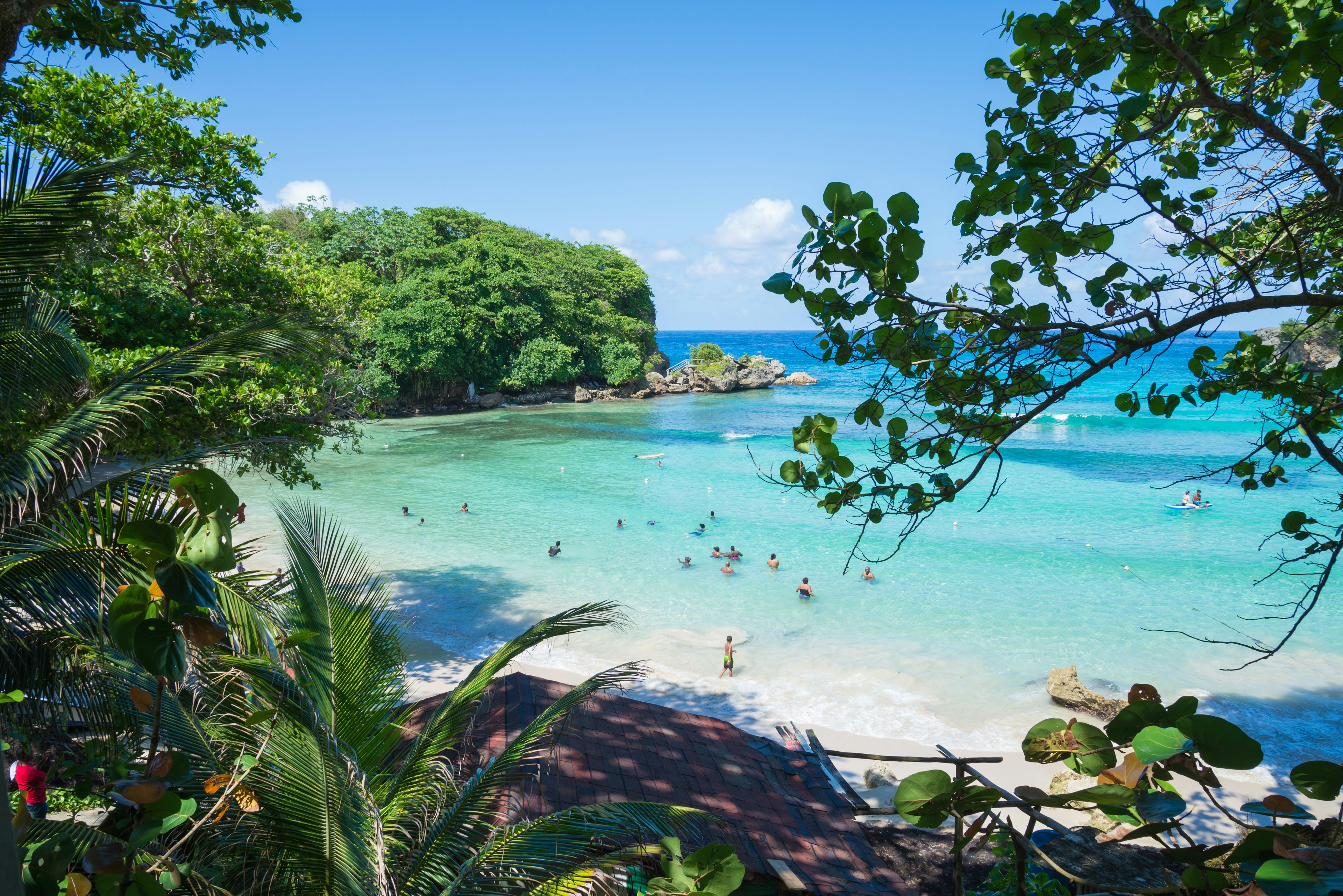 Trees curve around a blue cove at Winnifred Beach, Jamaica.