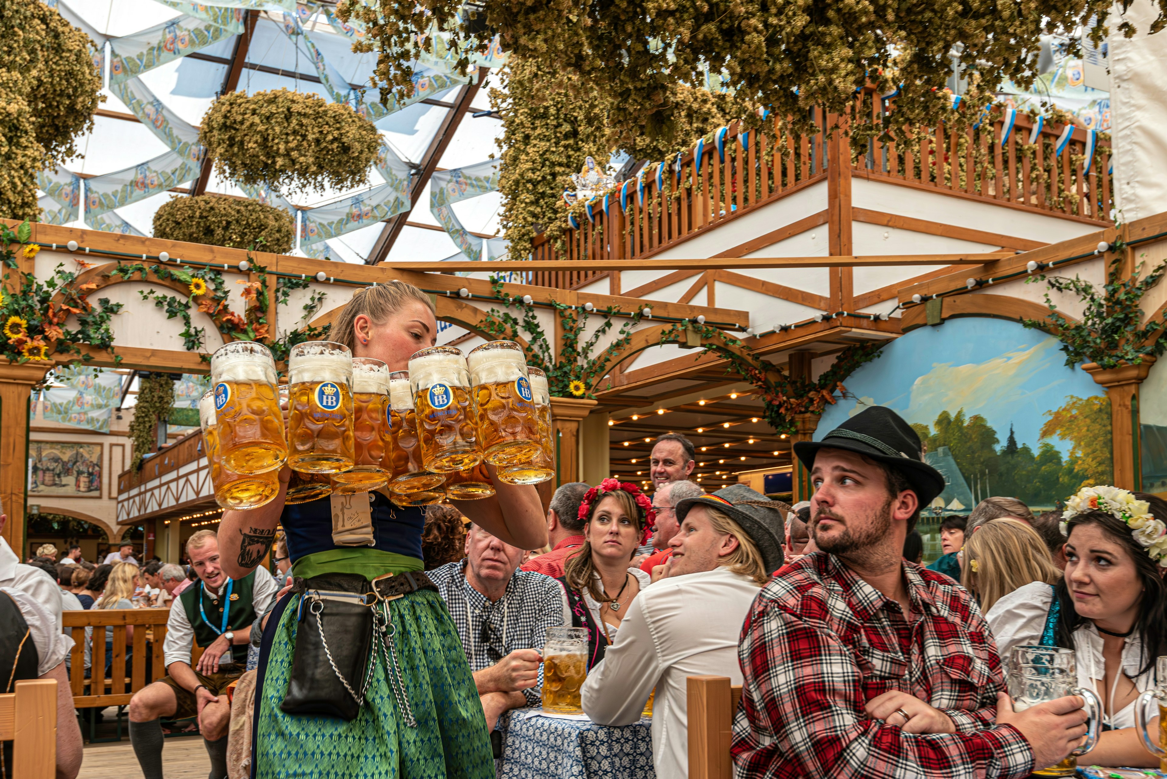 Beer being served in one of the beer tents at the Oktoberfest beet festival in Munich.