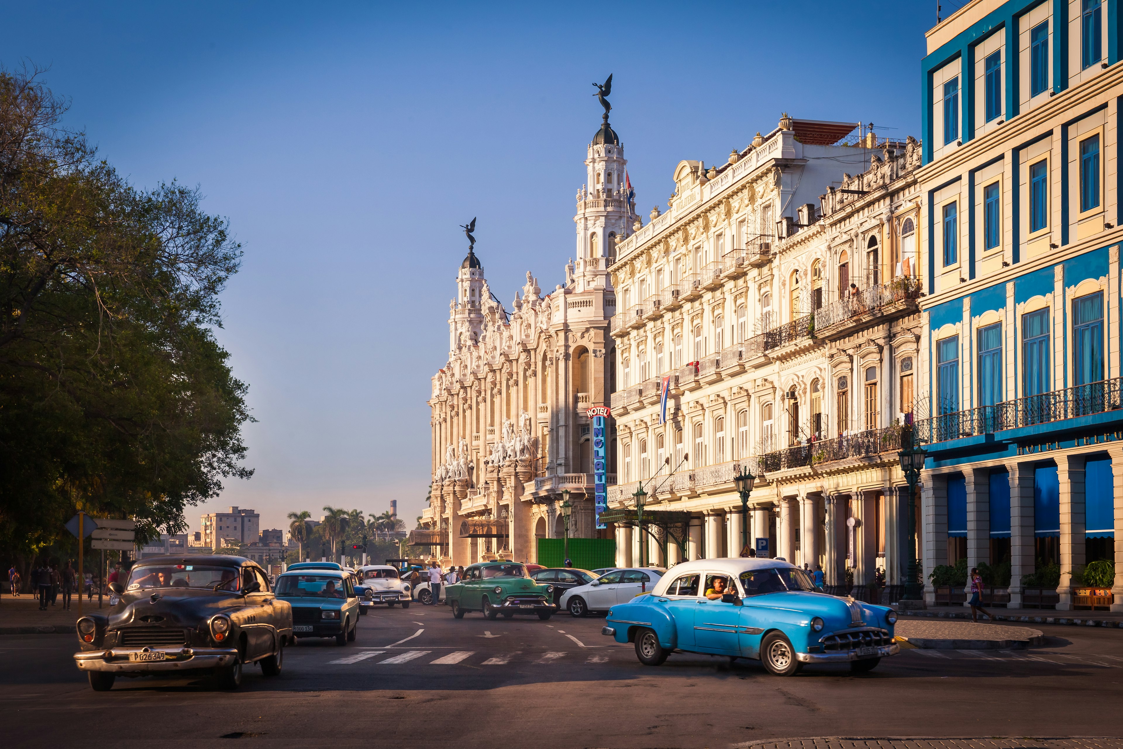 Central Square (Parque Central) with Inglaterra Hotel and The Great Theater of Havana on the left, Havana, Cuba.