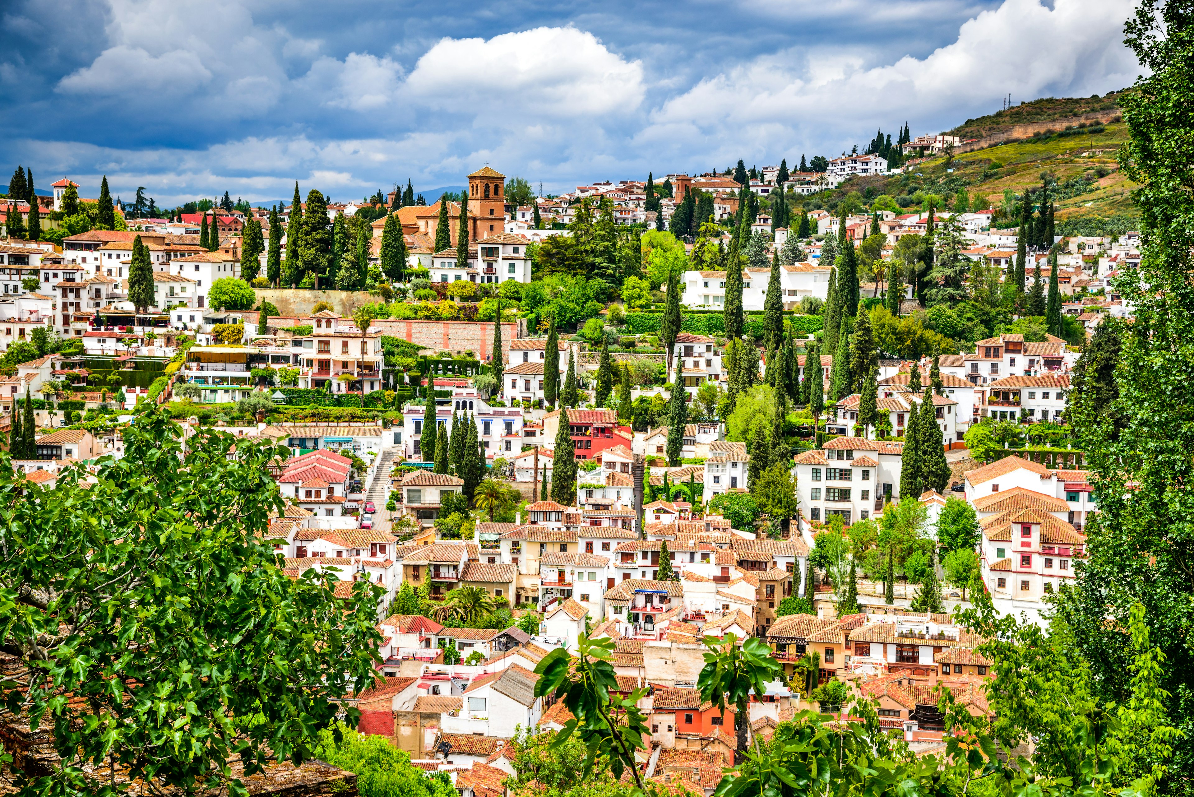 A wide view of white buildings with red tile roofs forming a neighborhood on a hillside. Green trees, including tall cedars, are visitble throughout the scene