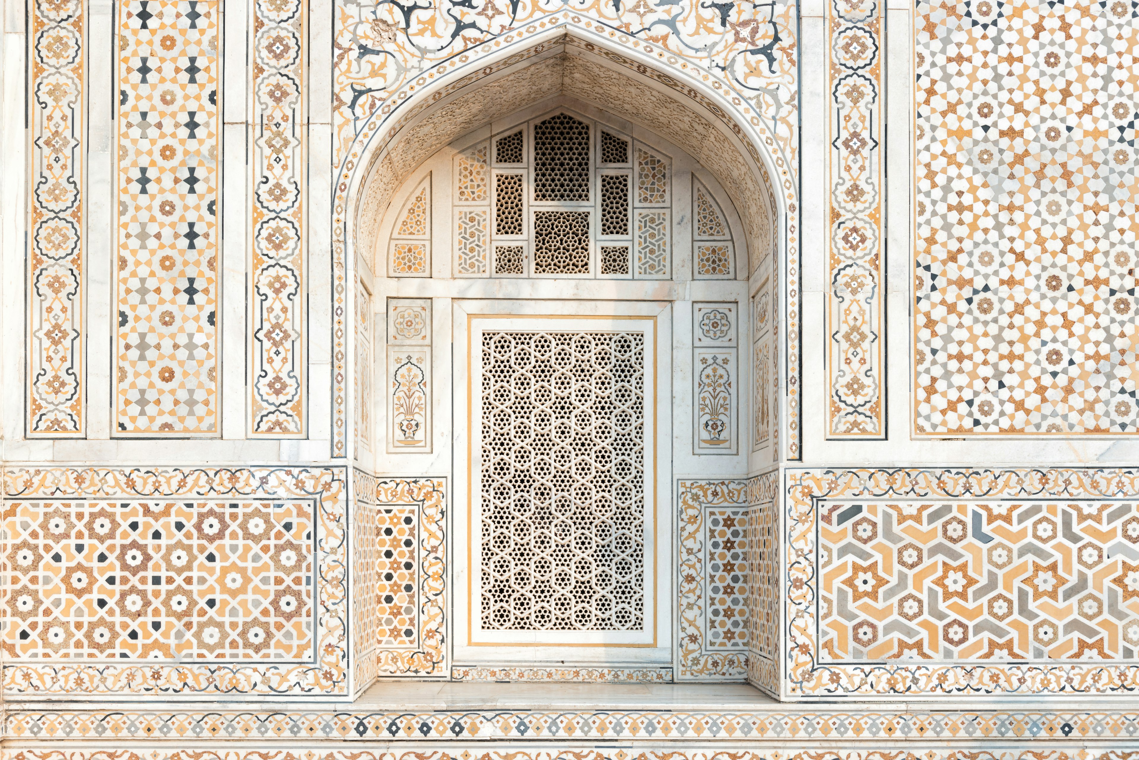 Detail of Decoration on the wall of Itmad-Ud-Daulah's tomb, called as the Jewel Box or the Baby Taj, located in Agra, Uttar Pradesh, India.