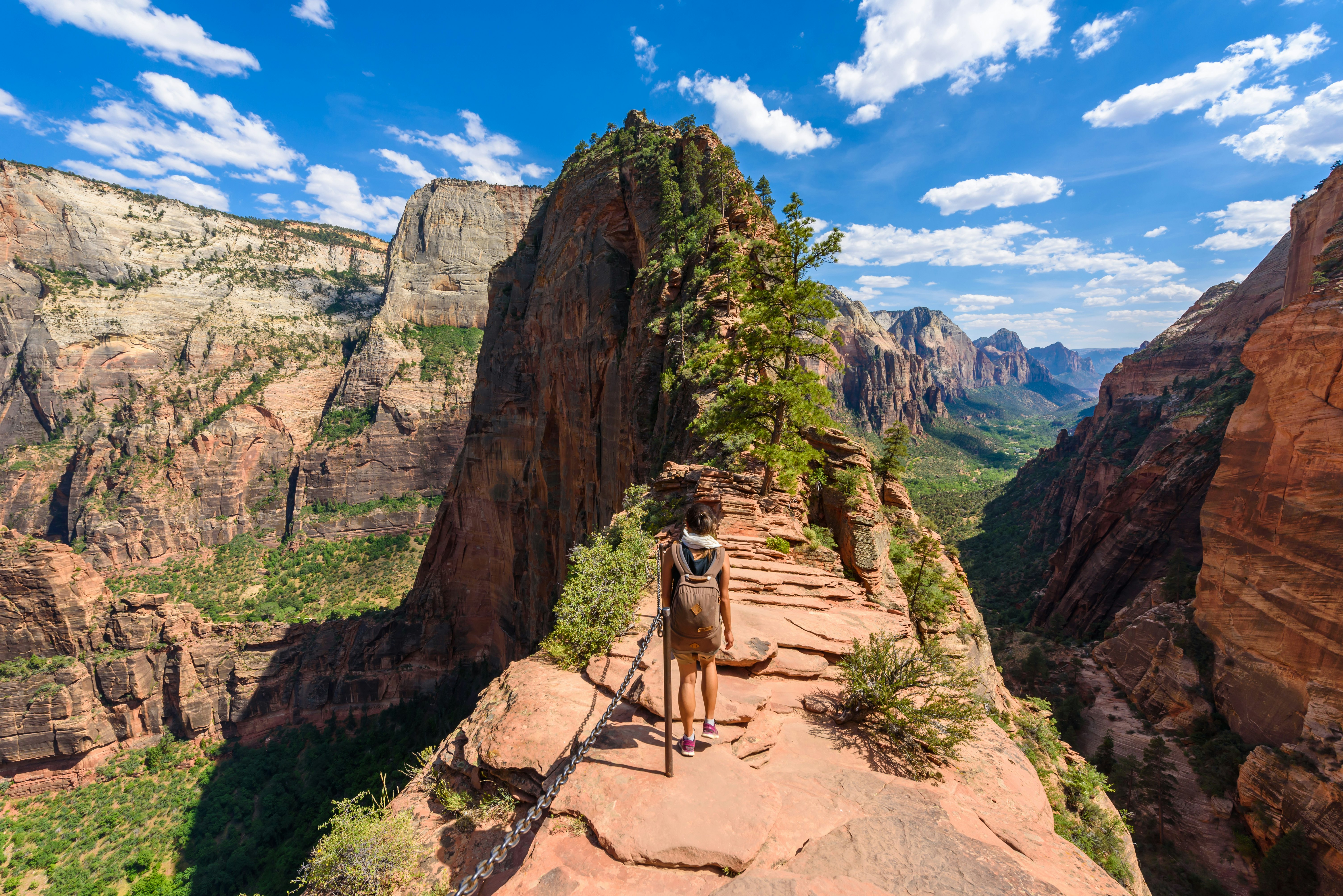 Ridge walk in beautiful scenery in Zion National Park along the Angel's Landing trail.