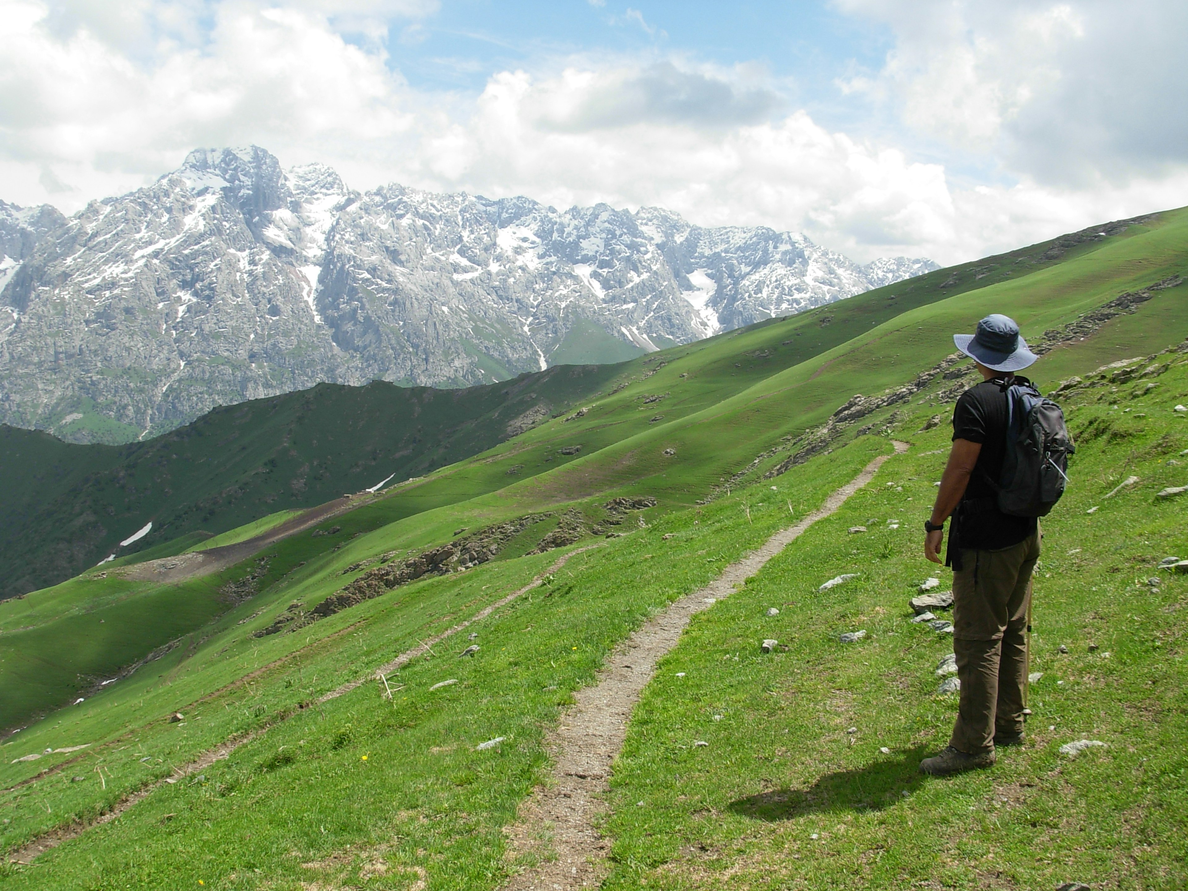 A hiker in a sun hat stands on a grassy slope gazing out at snowy, craggy mountains across a valley