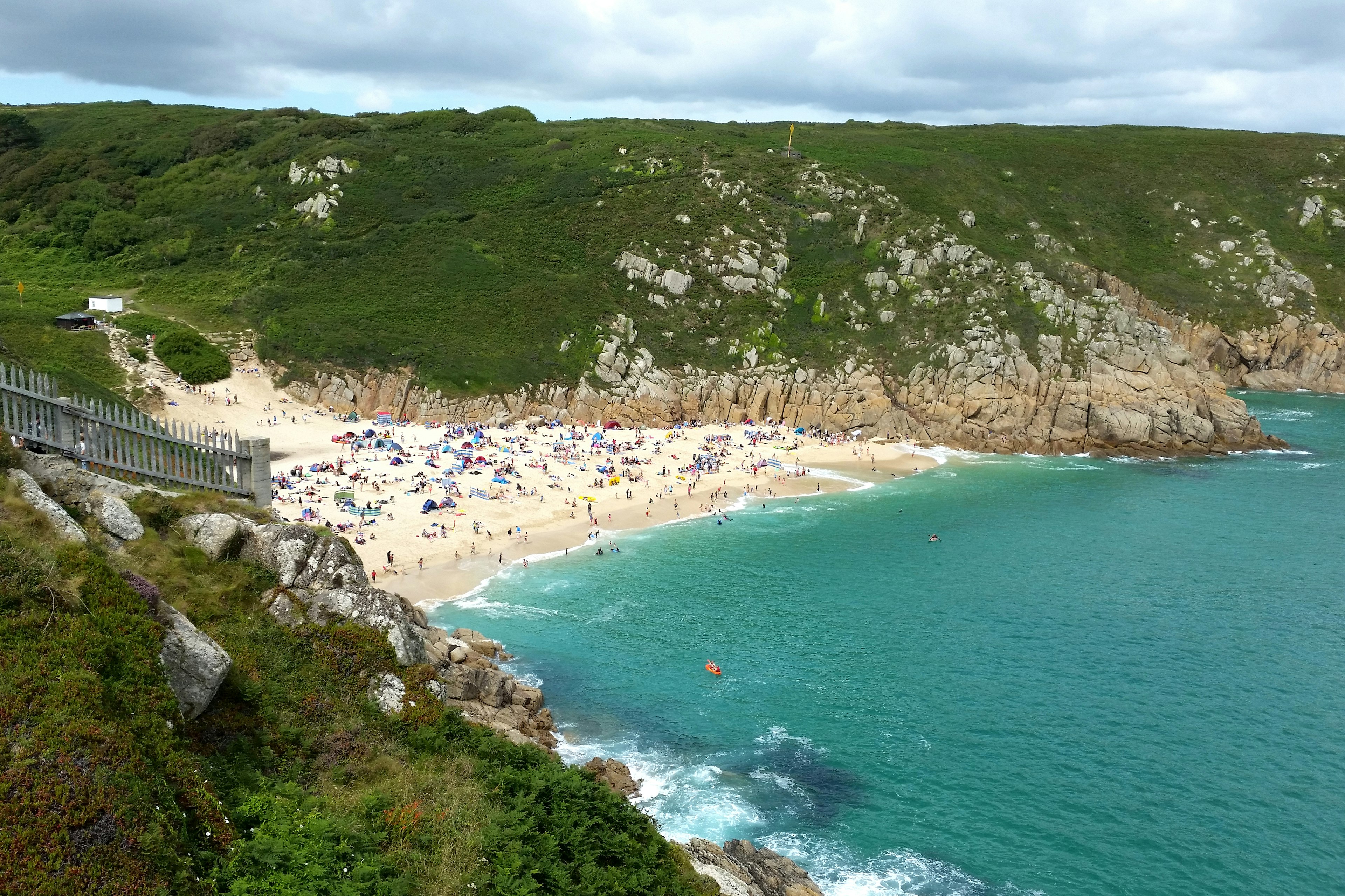 View of Porthcurno beach from cliff top, Cornwall