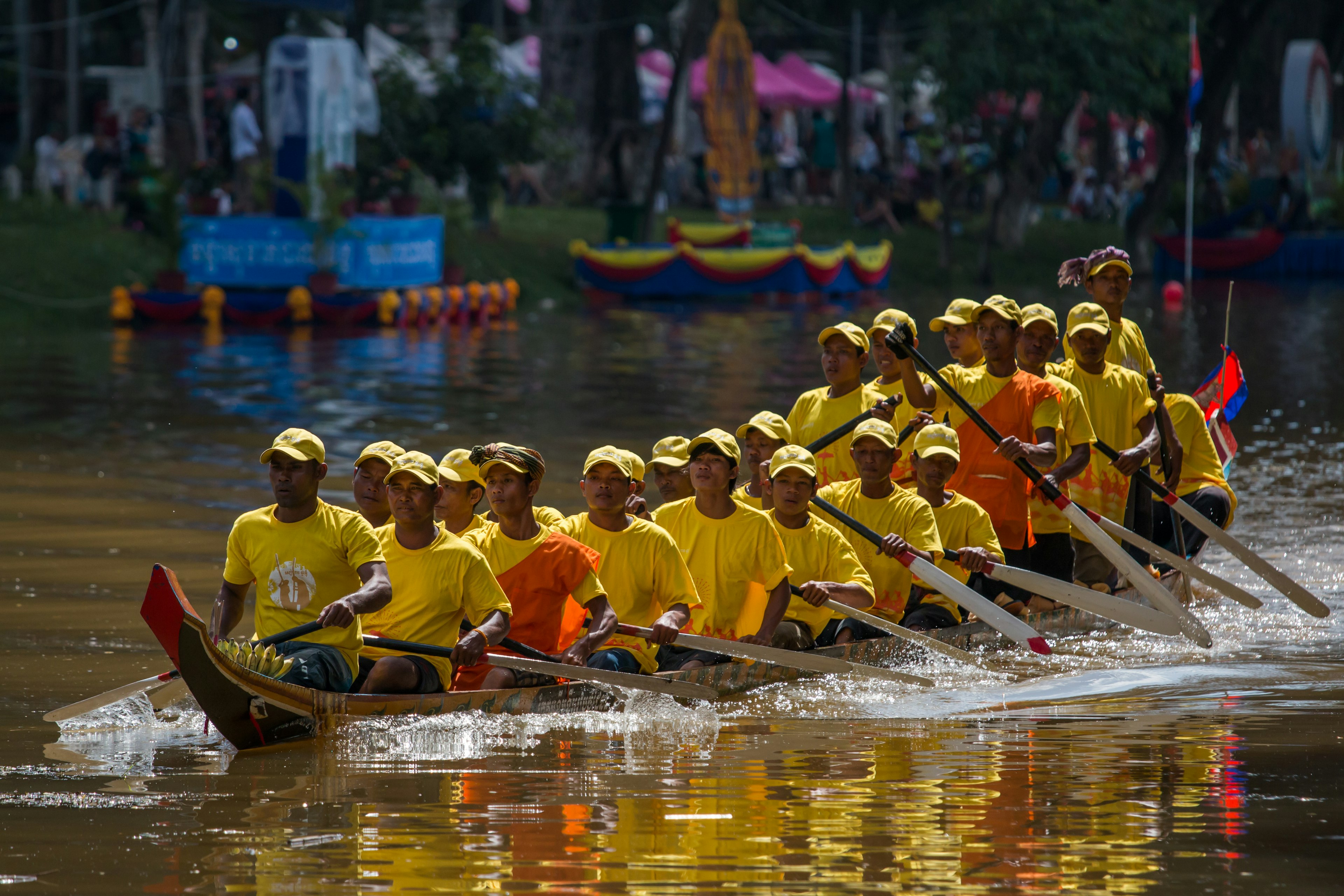 Rowing team on the Siem Reap River during the Bon Om Tuk water festival.