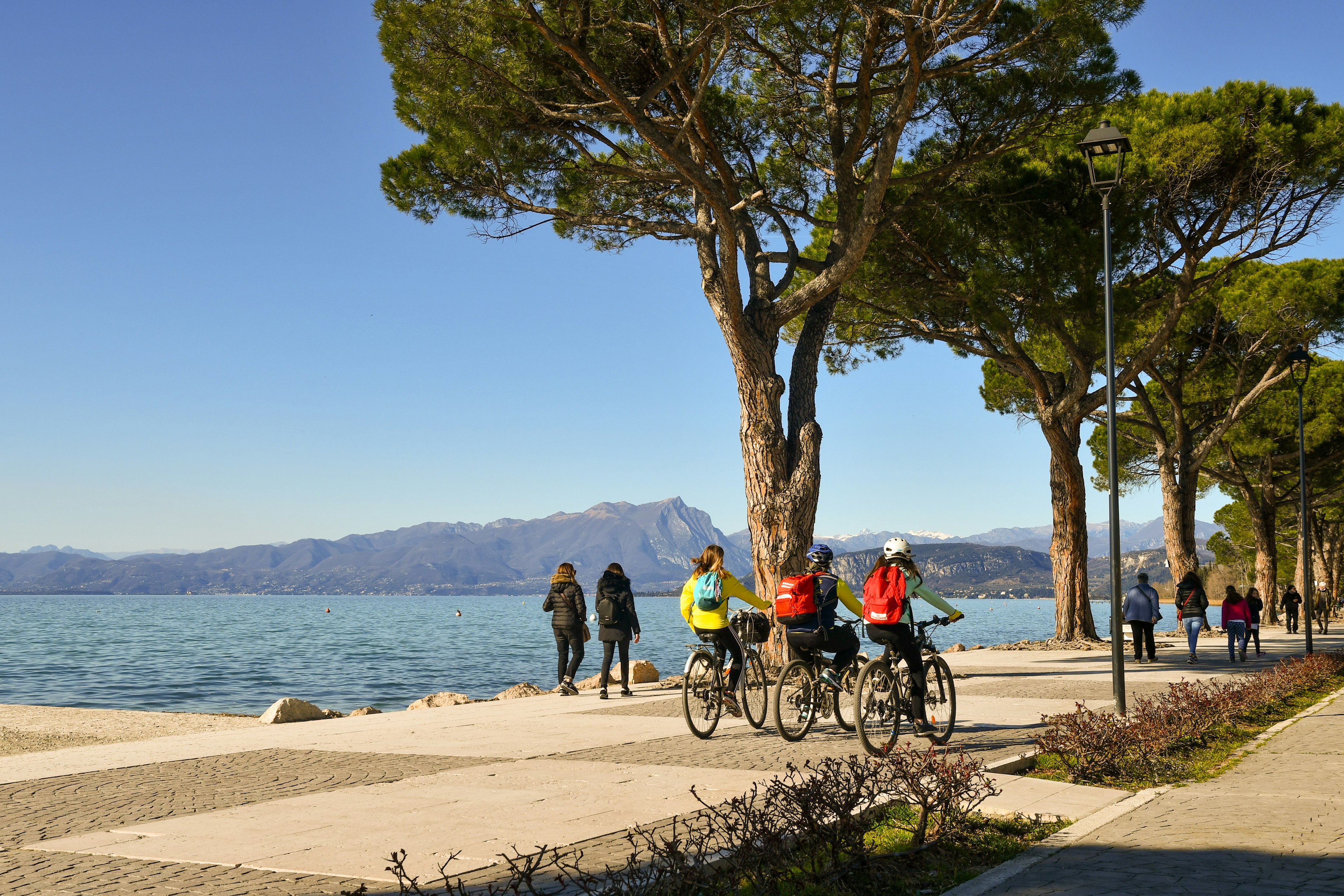 Three cyclists pedal along a lakeside promenade on a cold, sunny day