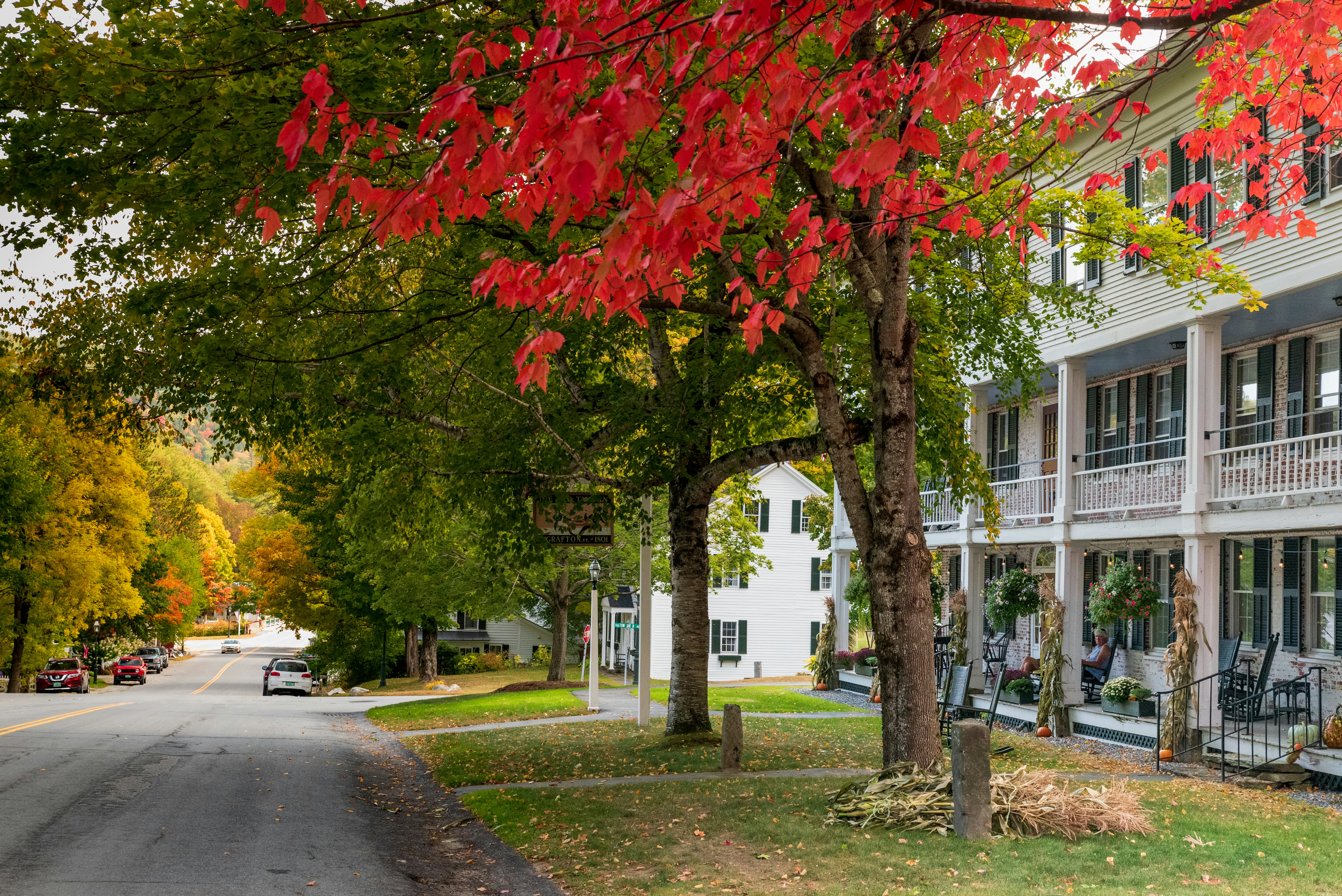 A tree with red foliage stands in front of a white-painted house with a double-level porch along a quiet street in a small town in Vermont, New England, USA