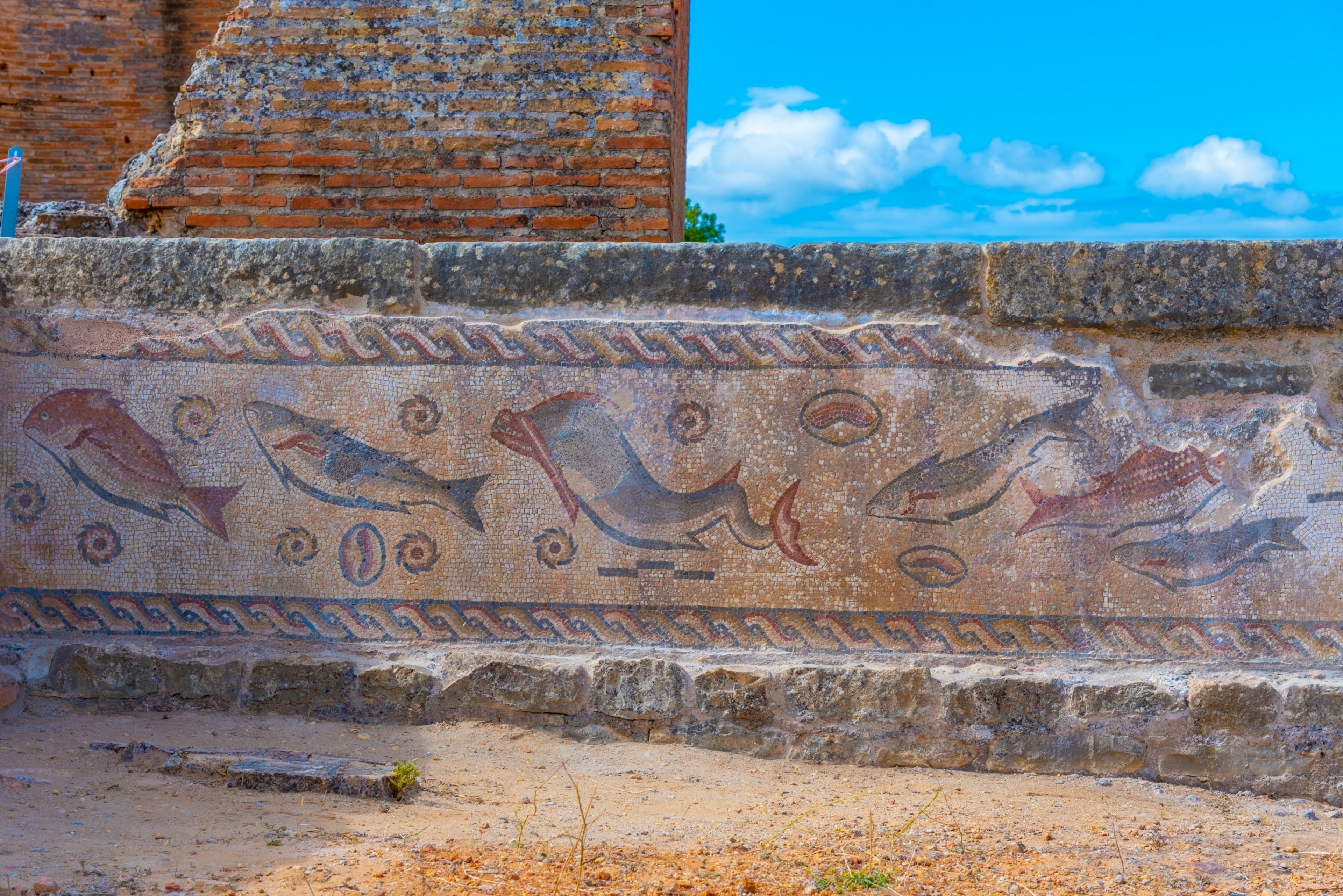 Ancient mosaics depict fish, shells and other motifs at the Roman site of Mileu in the Algarve, Portugal