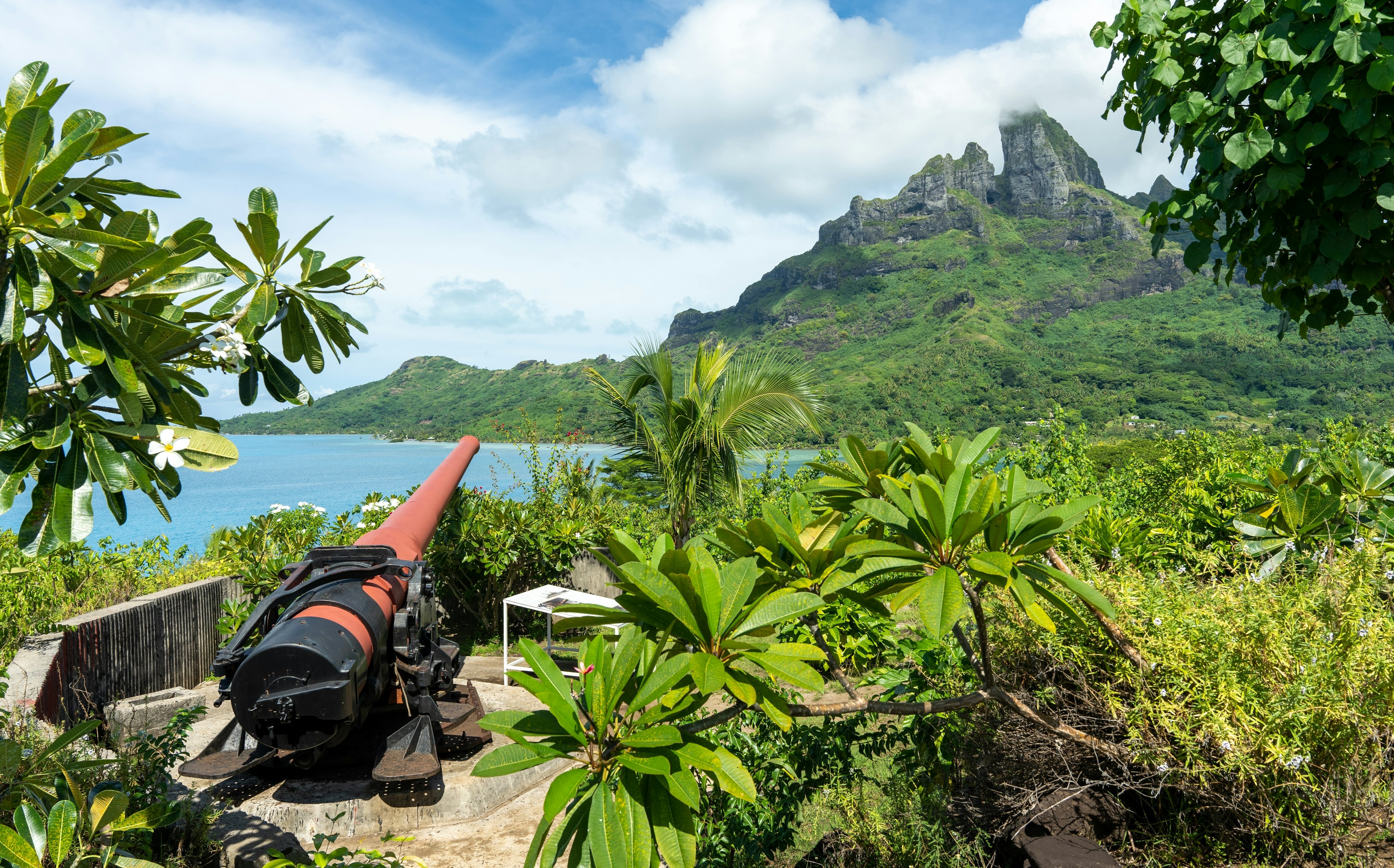 An old war cannon faces out over a bay and a mountain beyond on a tropical island