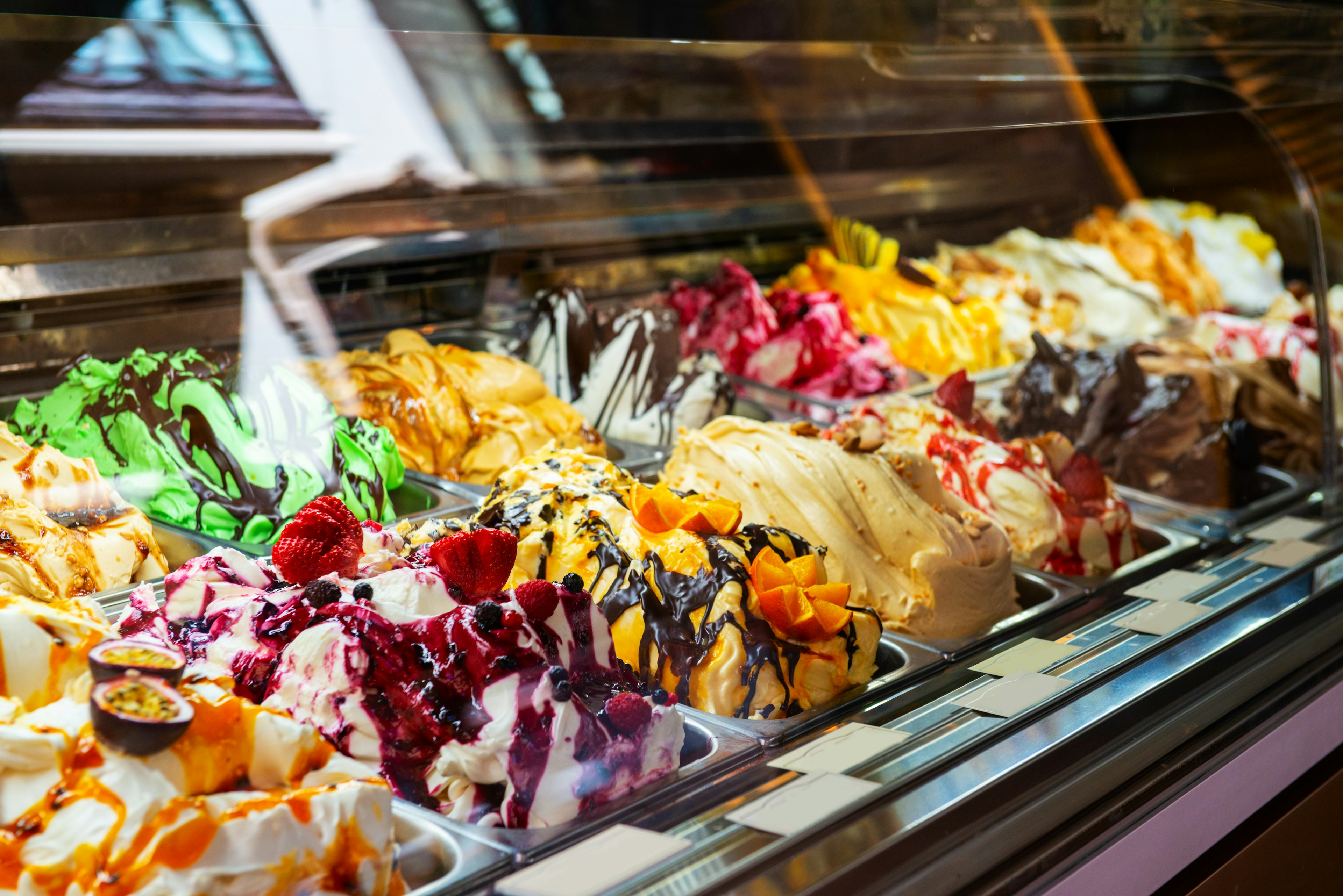 Colorful ice cream on sale in an Italian gelateria in Rome.