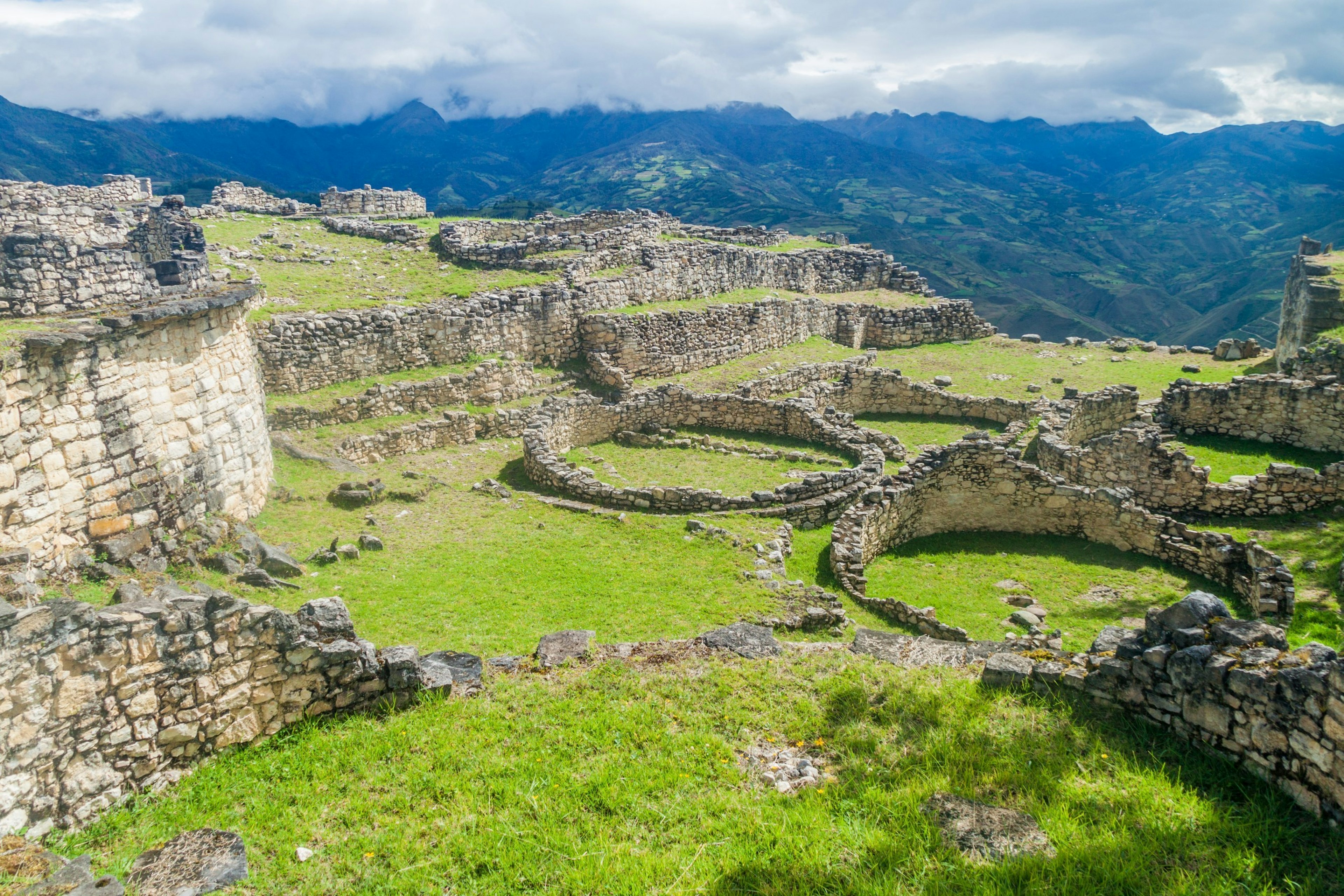 Ruins of round houses in an ancient city in a mountainous region