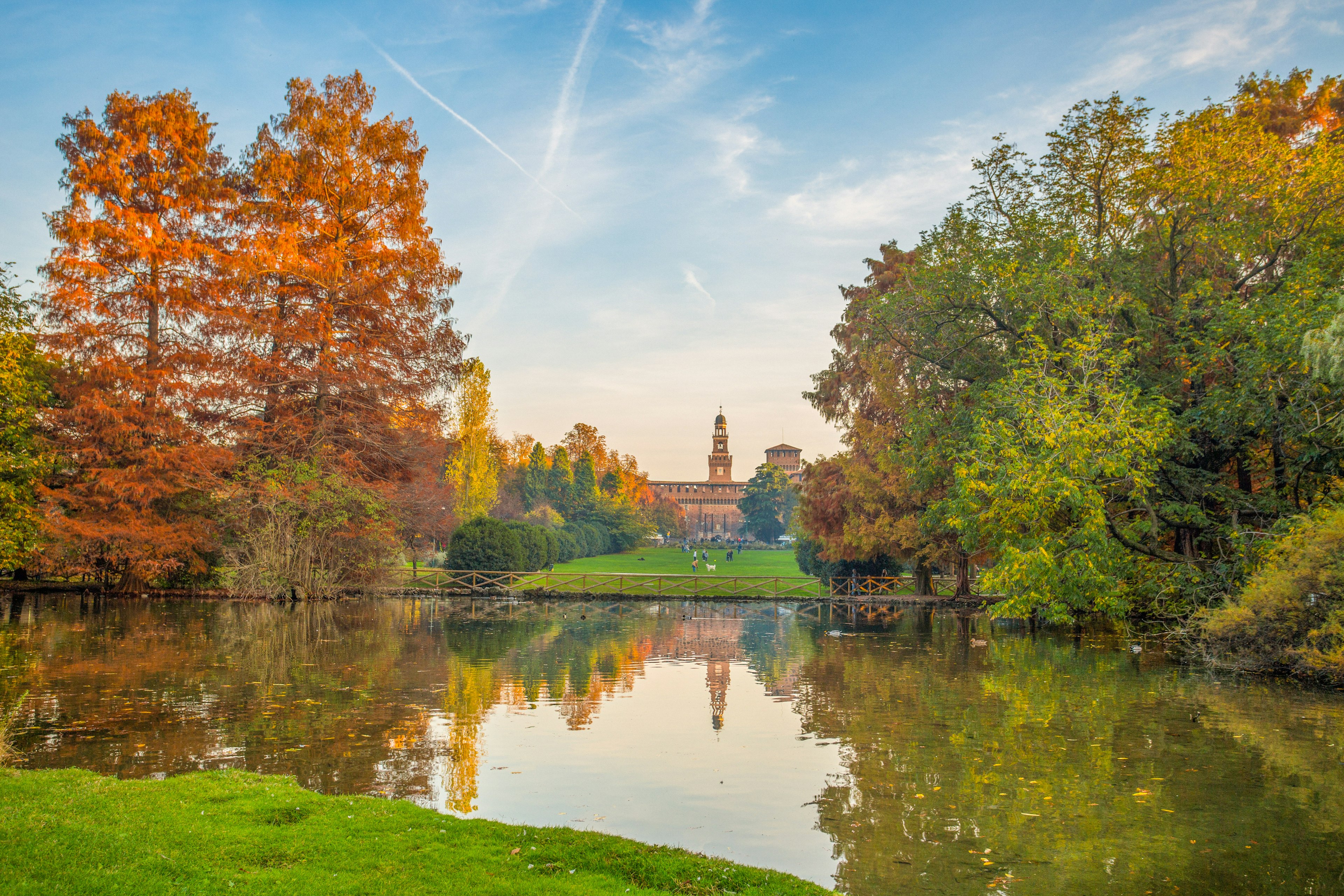 Sforza Castle (Castello Sforzesco), as seen from a lake in Parco Sempione (Sempione Park).