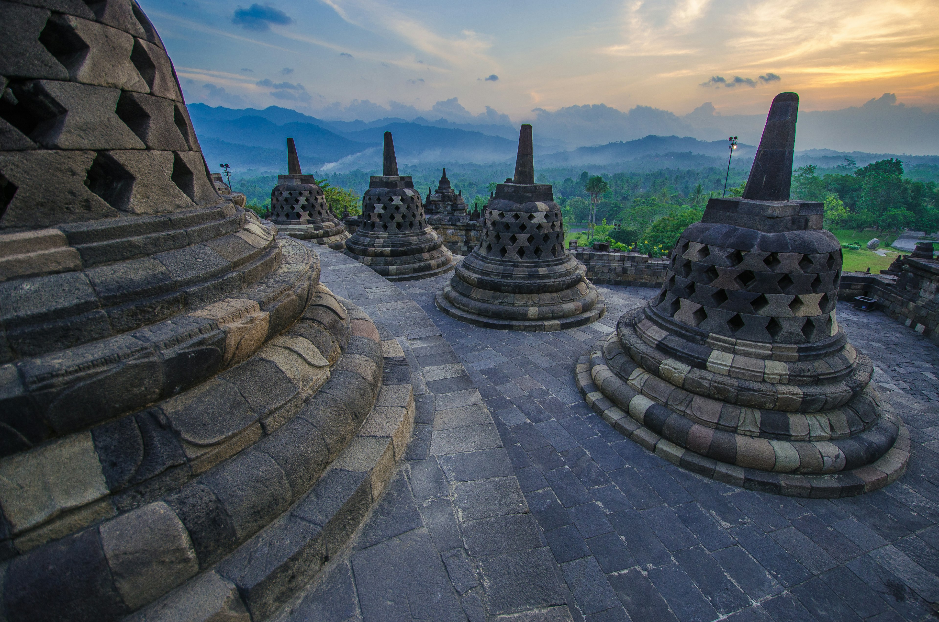 Sunset over Borobudur Temple in Java, Indonesia