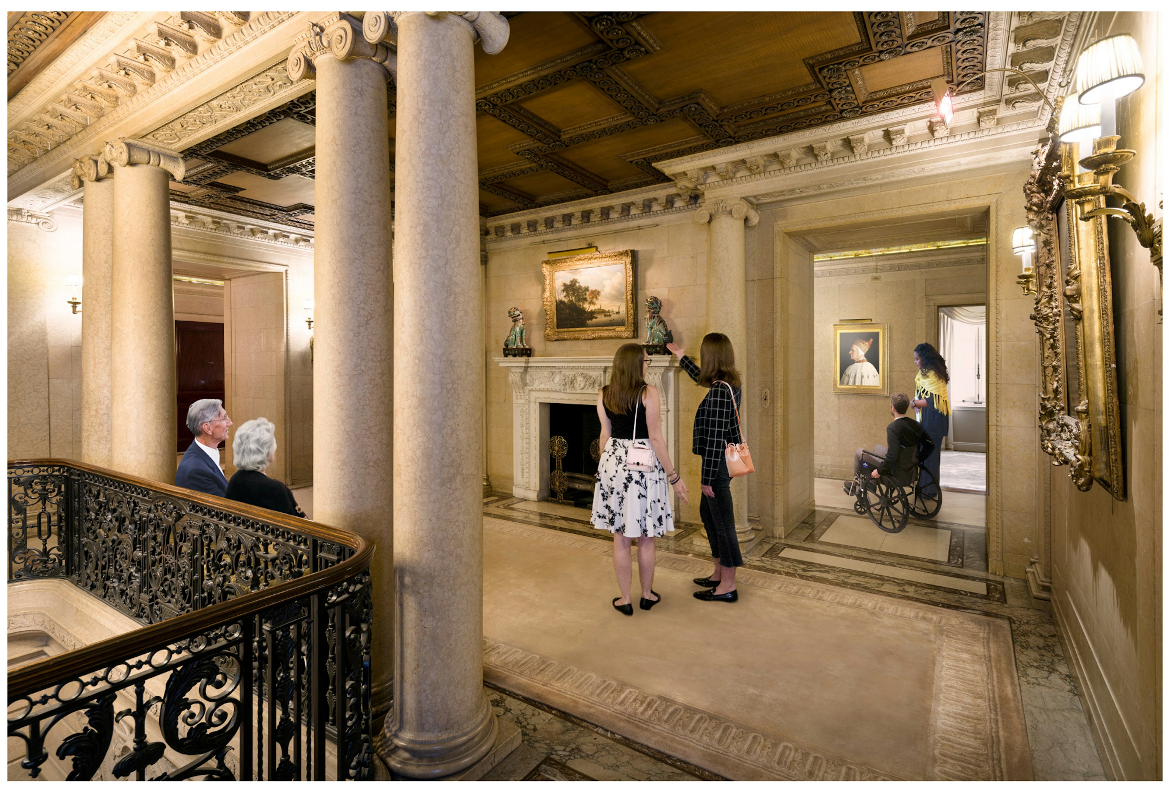 A rendering showing people looking at artworks in an opulent mansion with columns and other architectural details