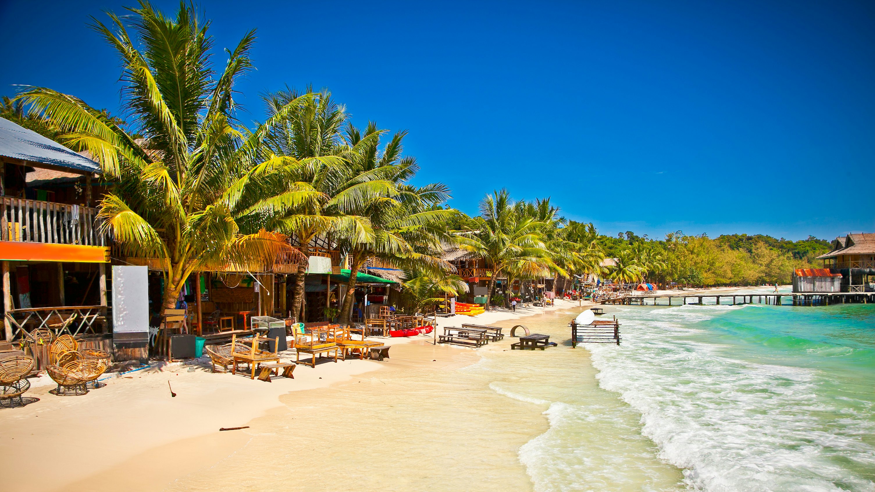 Beachside restaurants on the sand at Koh Kong, Cambodia.