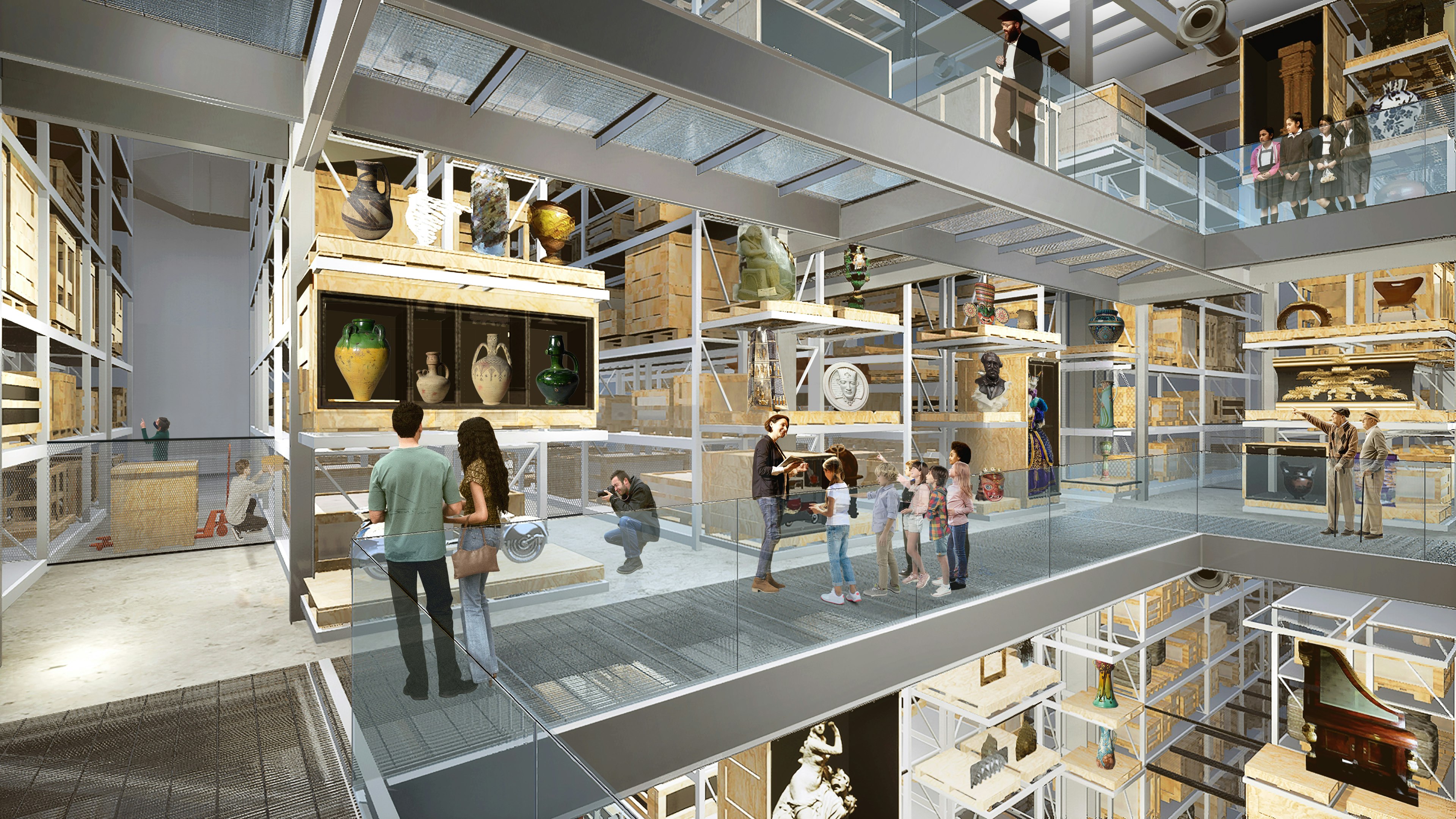 A rendering of walkways and exposed storage areas and display cases at V&A East Storehouse, East London, opening in spring 2025